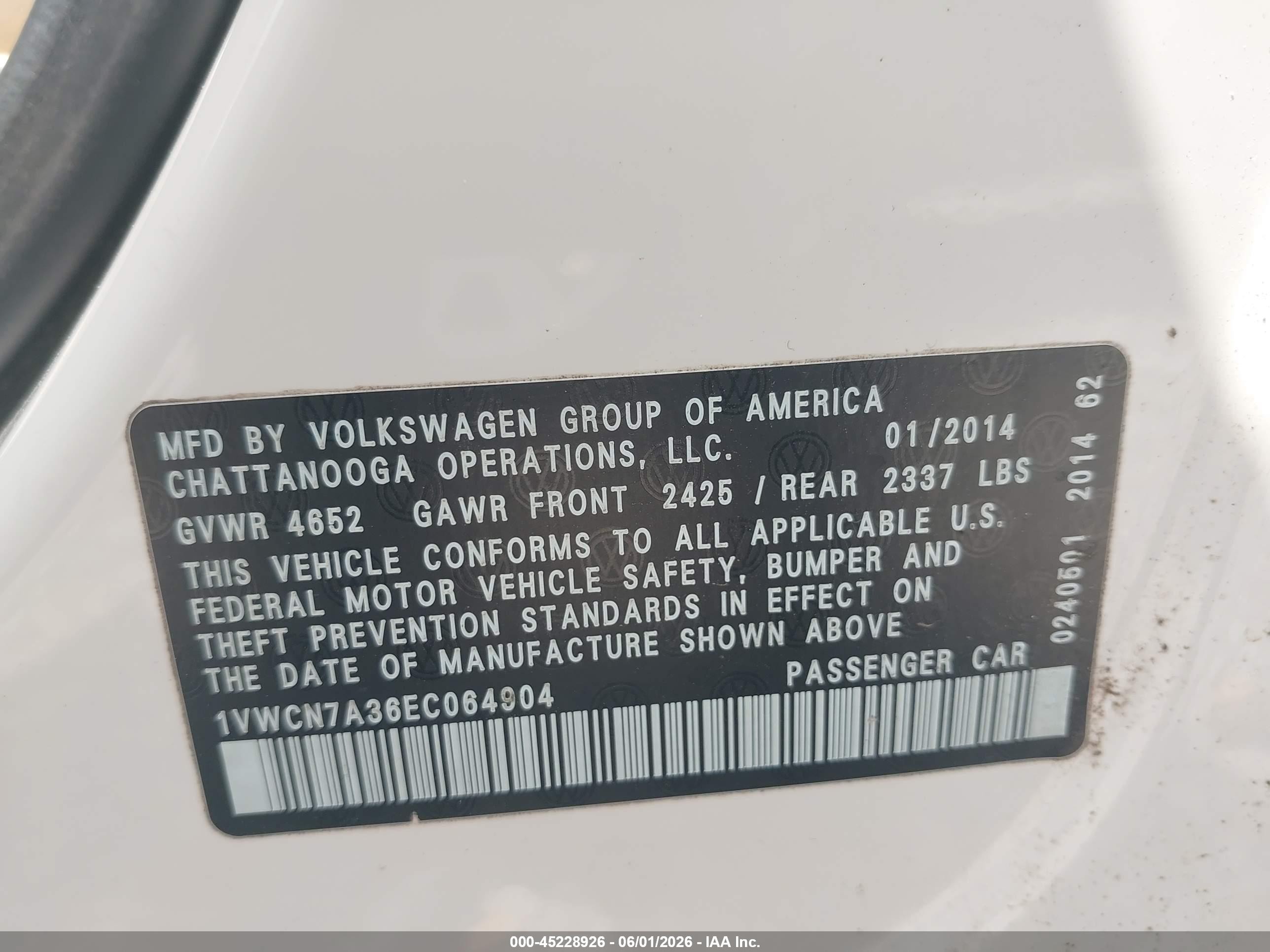 2014 Volkswagen Passat 2.0l Tdi Sel Premium White vin: 1VWCN7A36EC064904