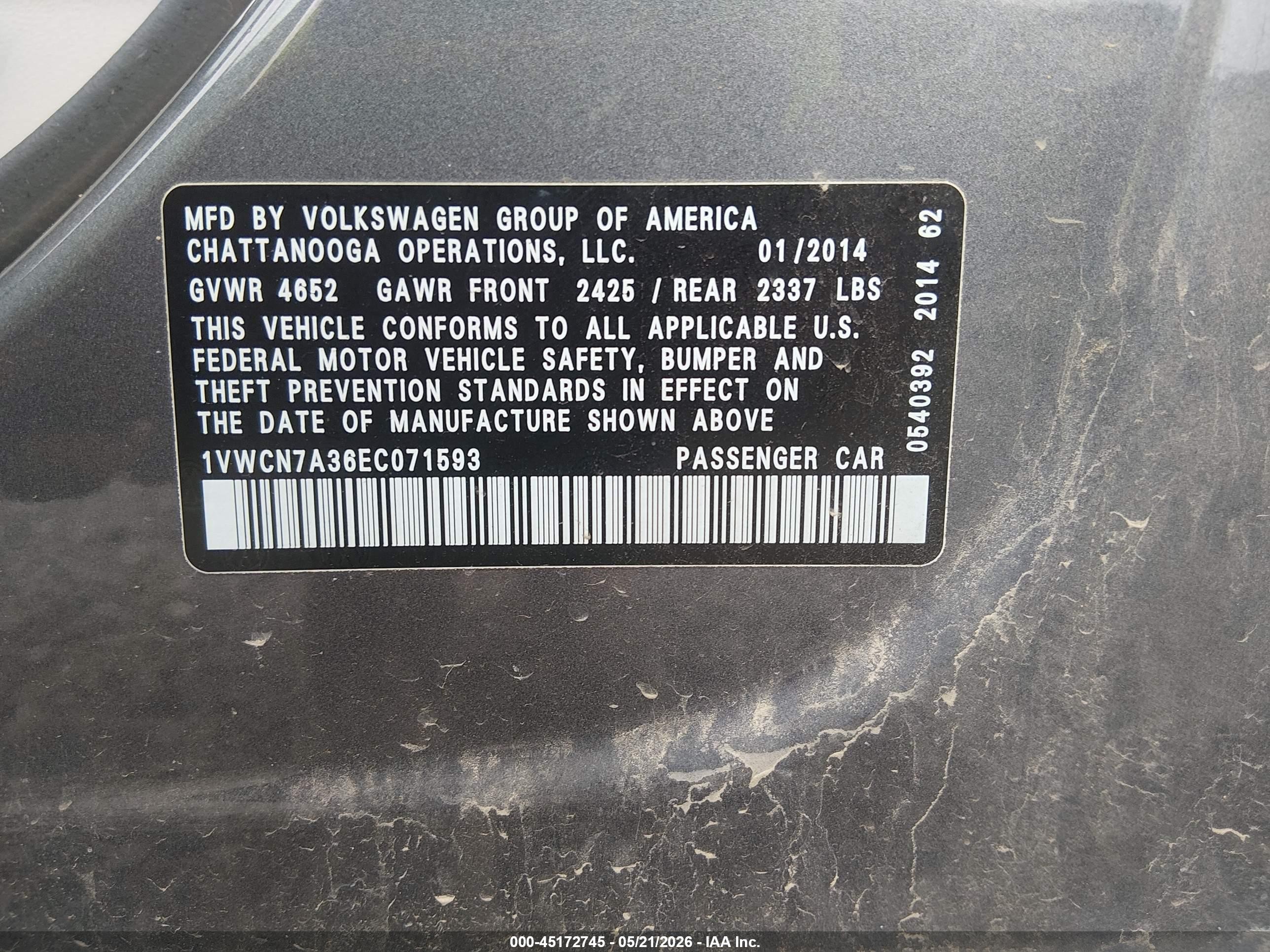 2014 Volkswagen Passat 2.0l Tdi Sel Premium Gray vin: 1VWCN7A36EC071593