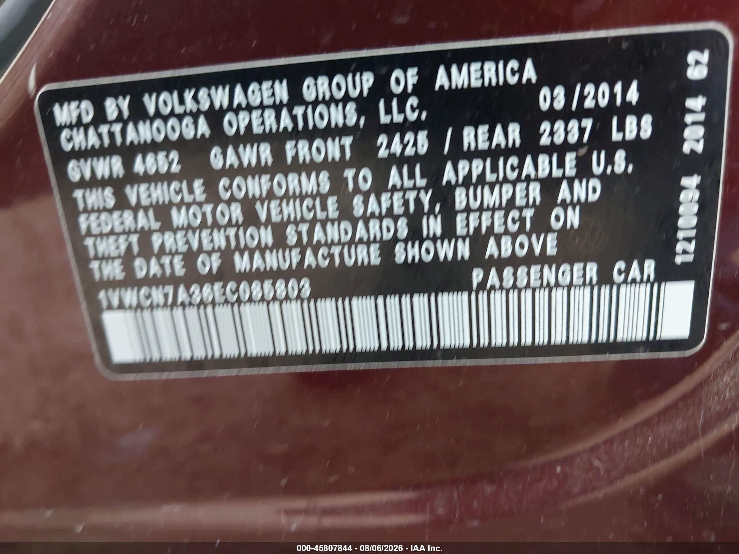 2014 Volkswagen Passat 2.0l Tdi Sel Premium Burgundy vin: 1VWCN7A36EC085803