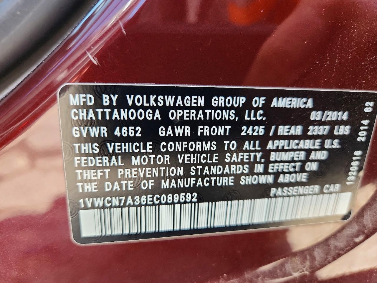 2014 Volkswagen Passat Sel Burgundy vin: 1VWCN7A36EC089592