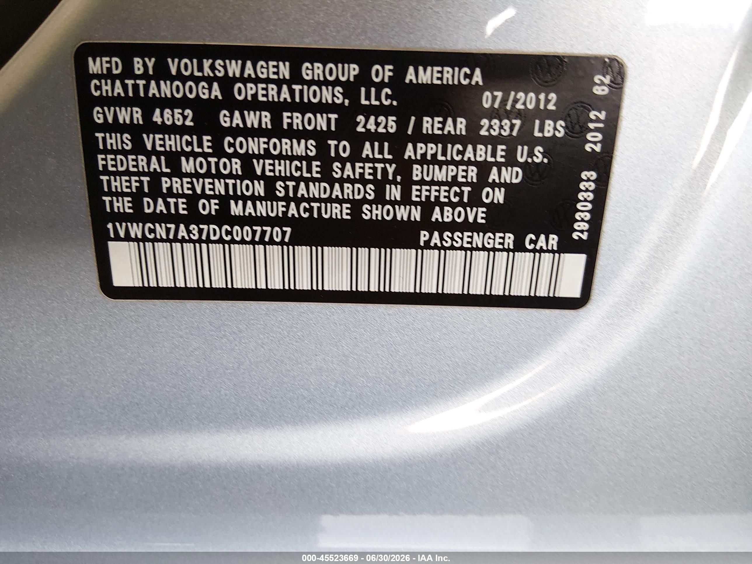 2013 Volkswagen Passat 2.0l Tdi Sel Premium Blue vin: 1VWCN7A37DC007707