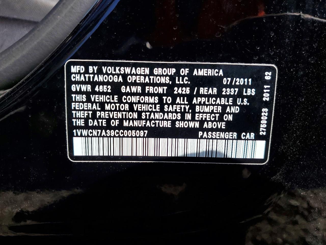 2012 Volkswagen Passat Sel Black vin: 1VWCN7A39CC005097