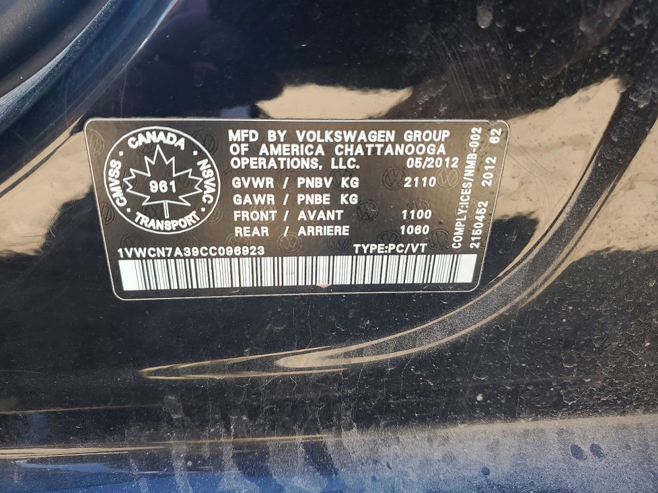 2012 Volkswagen Passat Tdi Черный vin: 1VWCN7A39CC096923