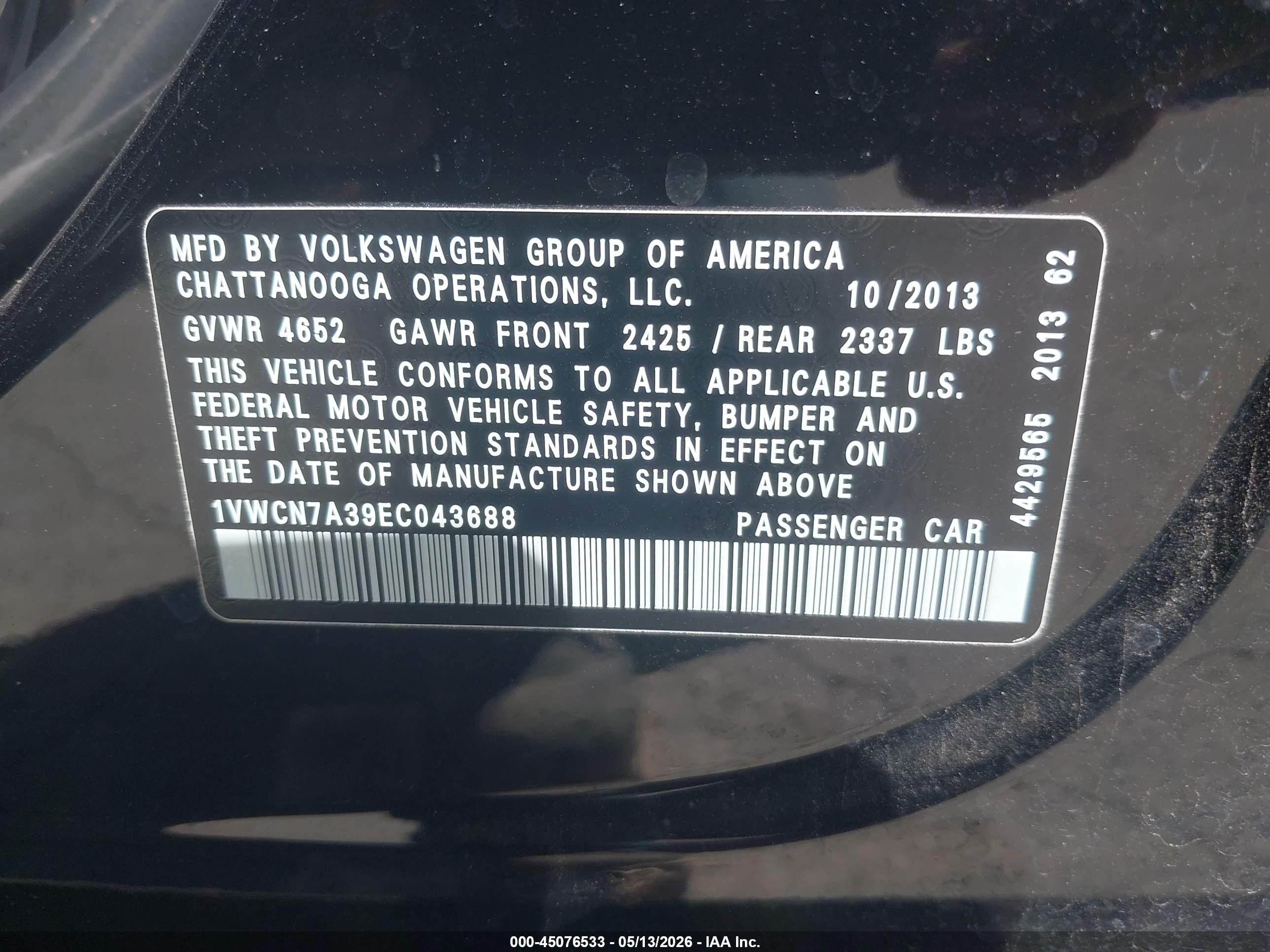 2014 Volkswagen Passat 2.0l Tdi Sel Premium Black vin: 1VWCN7A39EC043688