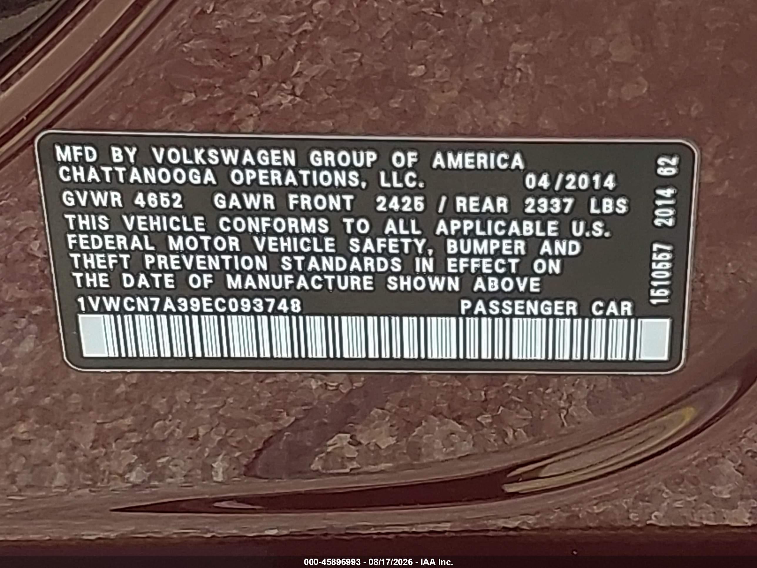 2014 Volkswagen Passat 2.0l Tdi Sel Premium Red vin: 1VWCN7A39EC093748