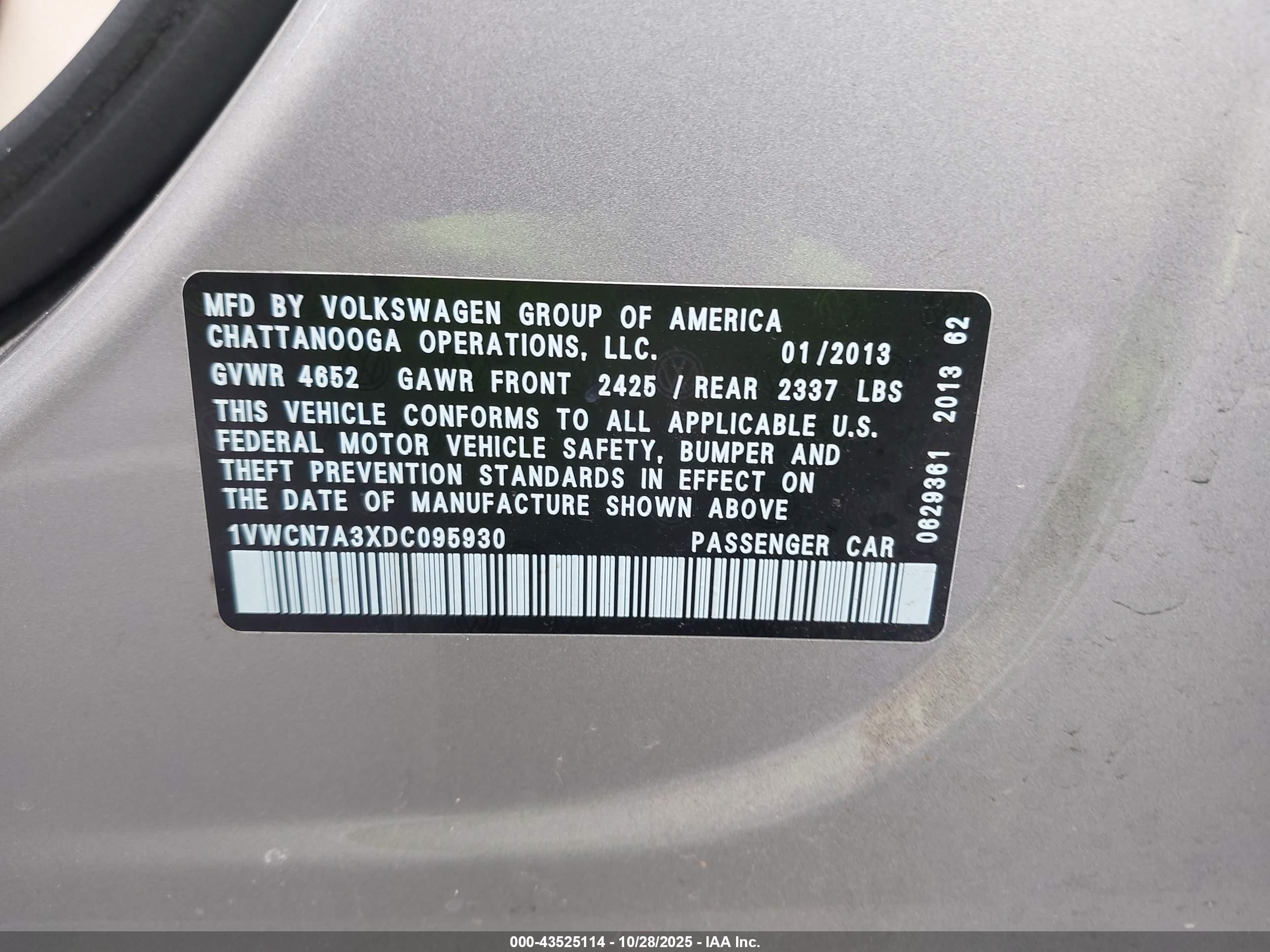 2013 Volkswagen Passat 2.0l Tdi Sel Premium Silver vin: 1VWCN7A3XDC095930