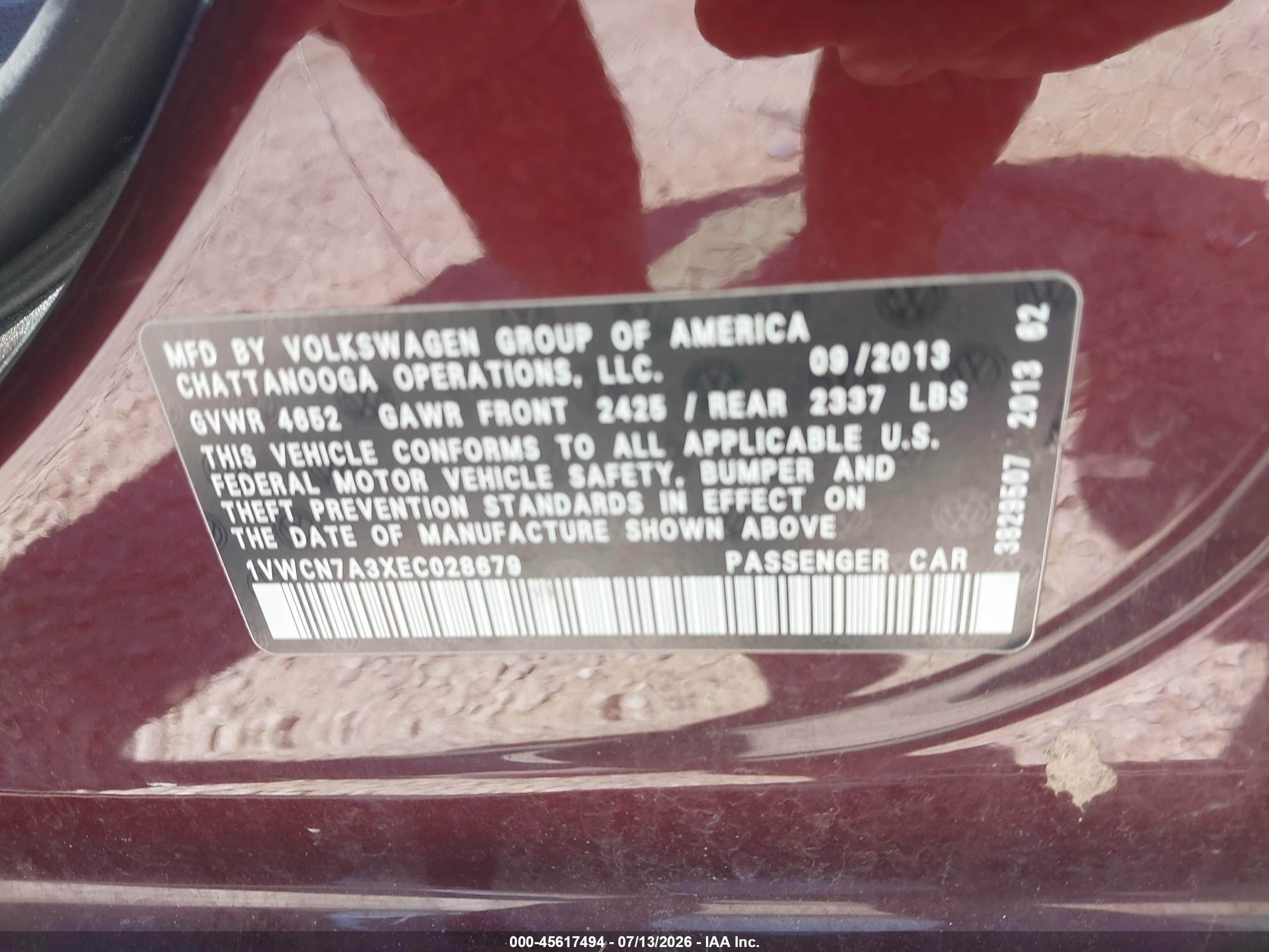 2014 Volkswagen Passat 2.0l Tdi Sel Premium Maroon vin: 1VWCN7A3XEC028679