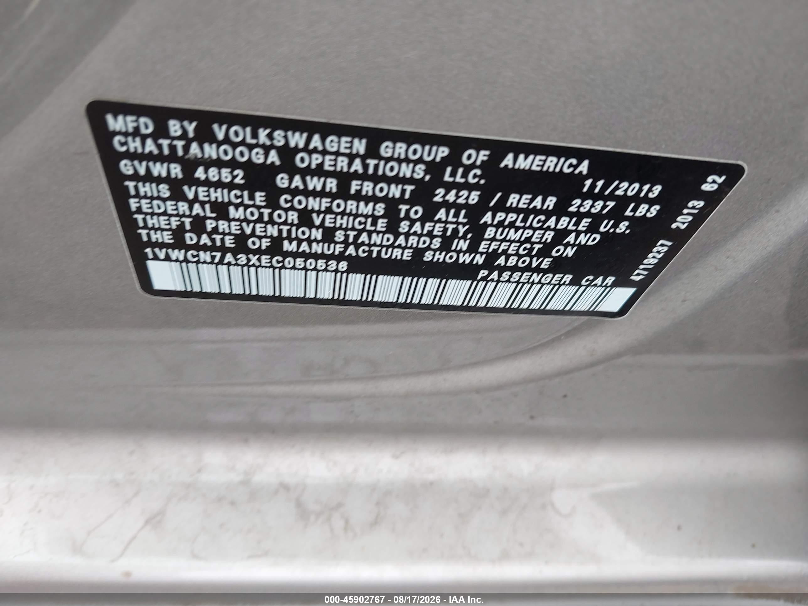 2014 Volkswagen Passat 2.0l Tdi Sel Premium Gray vin: 1VWCN7A3XEC050536