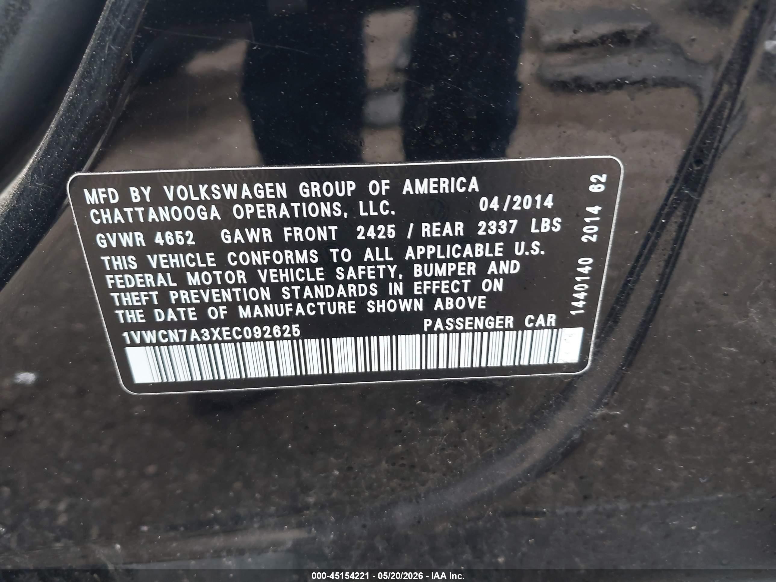 2014 Volkswagen Passat 2.0l Tdi Sel Premium Black vin: 1VWCN7A3XEC092625