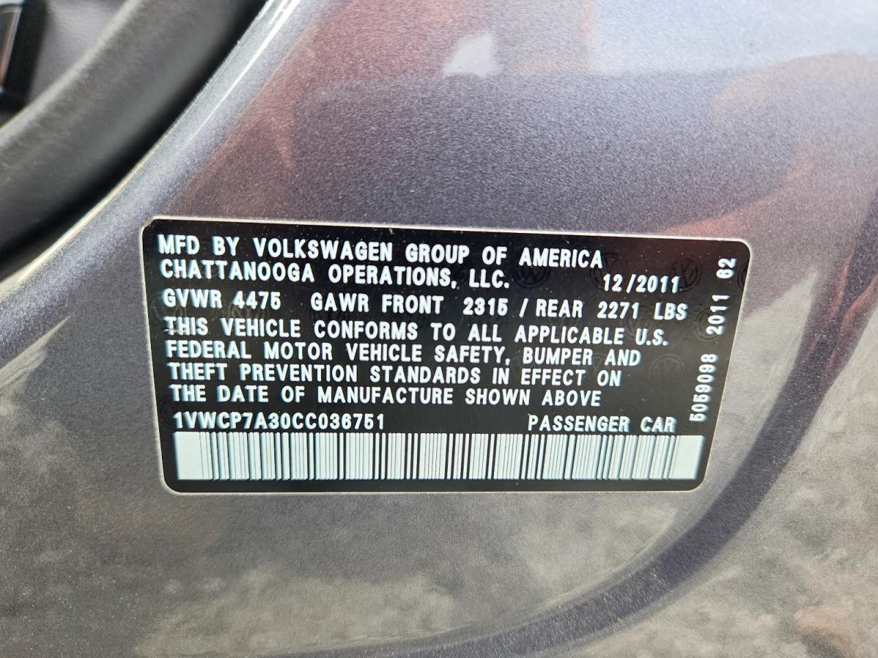 2012 Volkswagen Passat Sel Gray vin: 1VWCP7A30CC036751