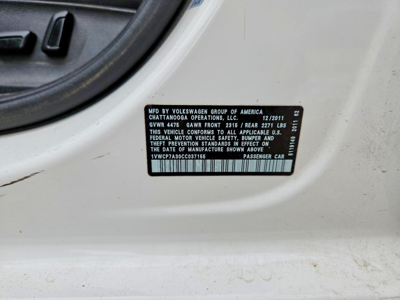 2012 Volkswagen Passat Sel White vin: 1VWCP7A30CC037155