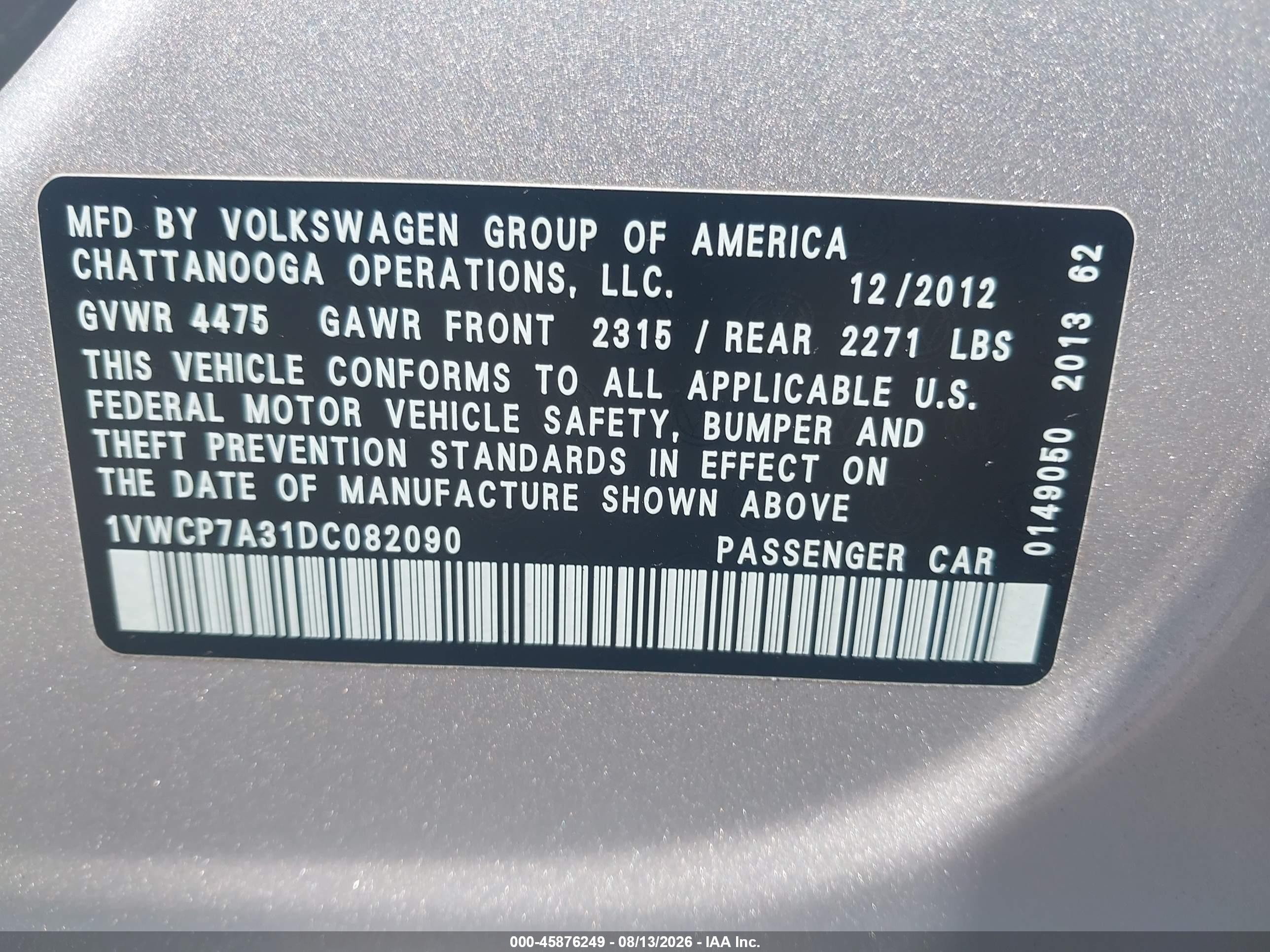 2013 Volkswagen Passat 2.5l Sel Silver vin: 1VWCP7A31DC082090
