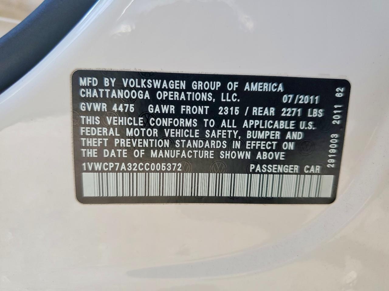 2012 Volkswagen Passat Sel White vin: 1VWCP7A32CC005372