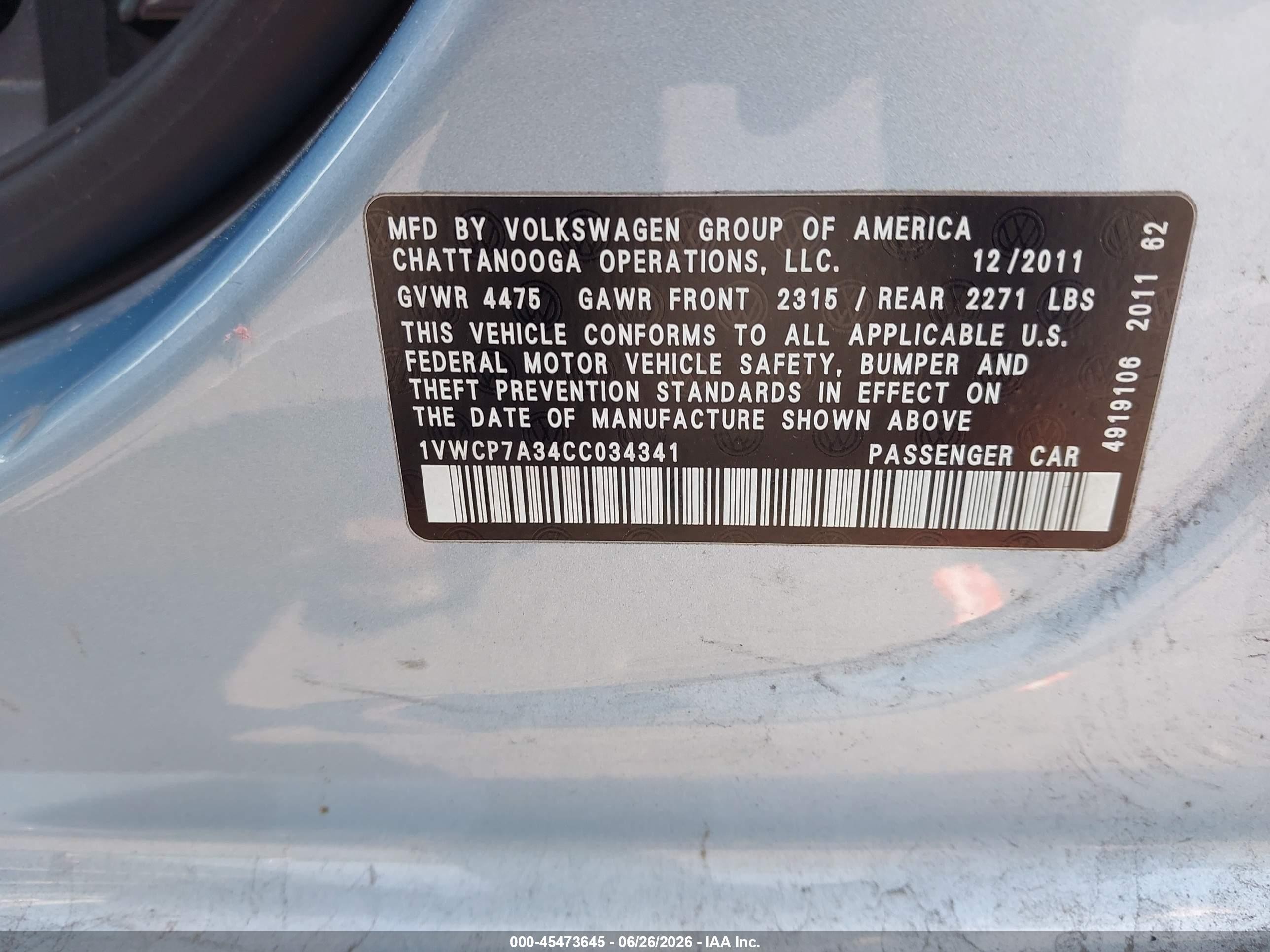 2012 Volkswagen Passat 2.5l Sel Blue vin: 1VWCP7A34CC034341