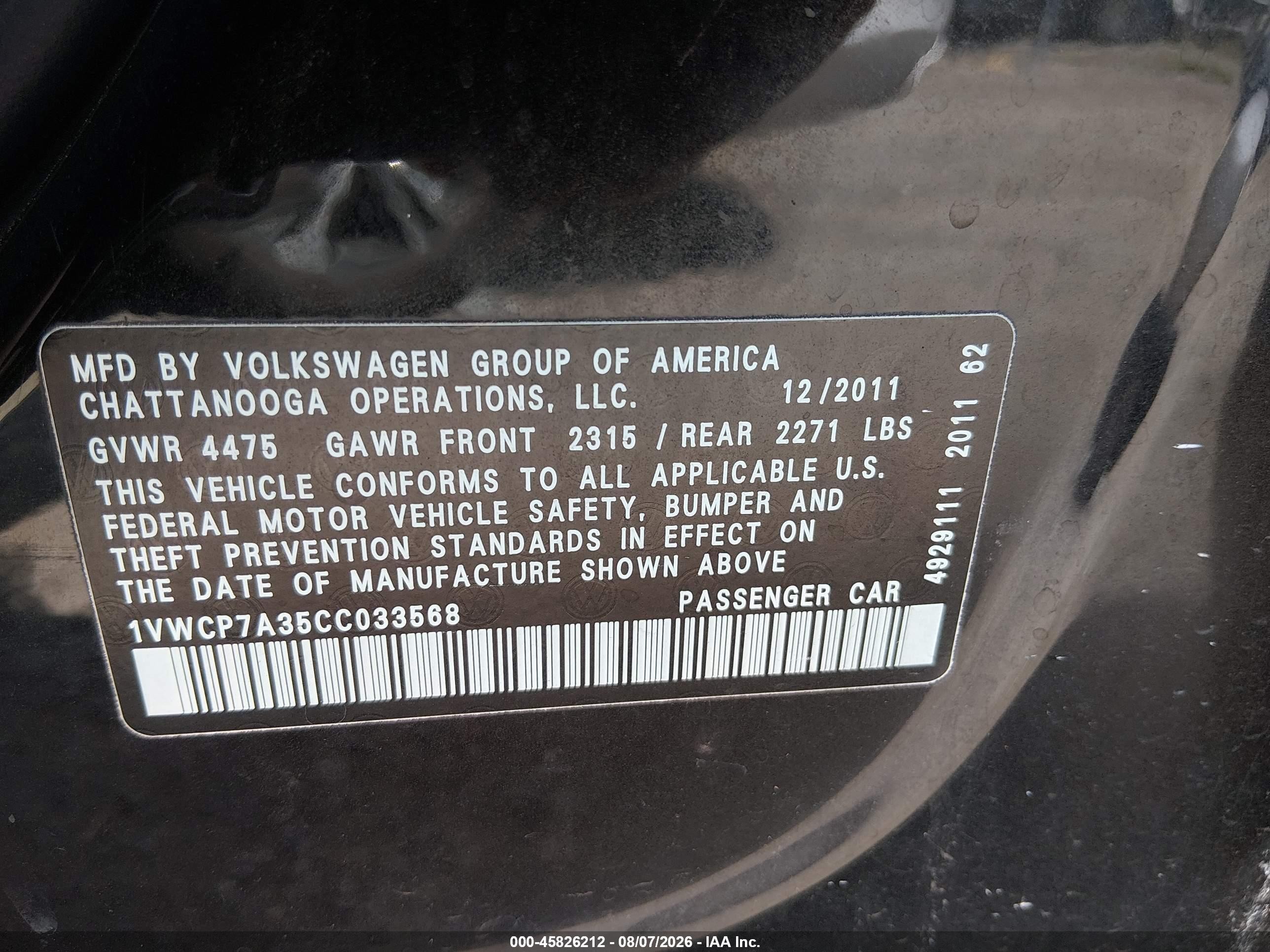 2012 Volkswagen Passat 2.5l Sel Black vin: 1VWCP7A35CC033568
