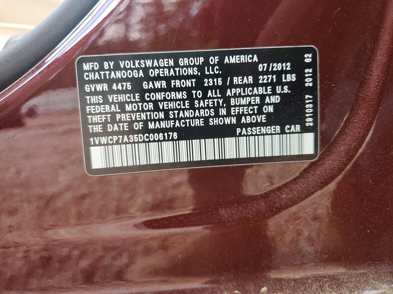 2013 Volkswagen Passat Sel Burgundy vin: 1VWCP7A35DC006176