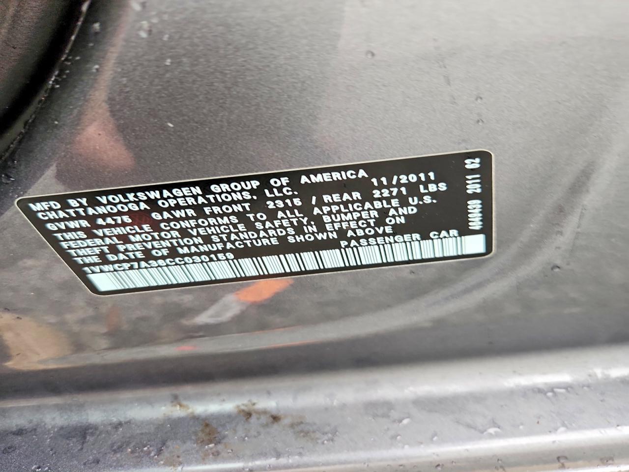 2012 Volkswagen Passat Sel Gray vin: 1VWCP7A36CC030159