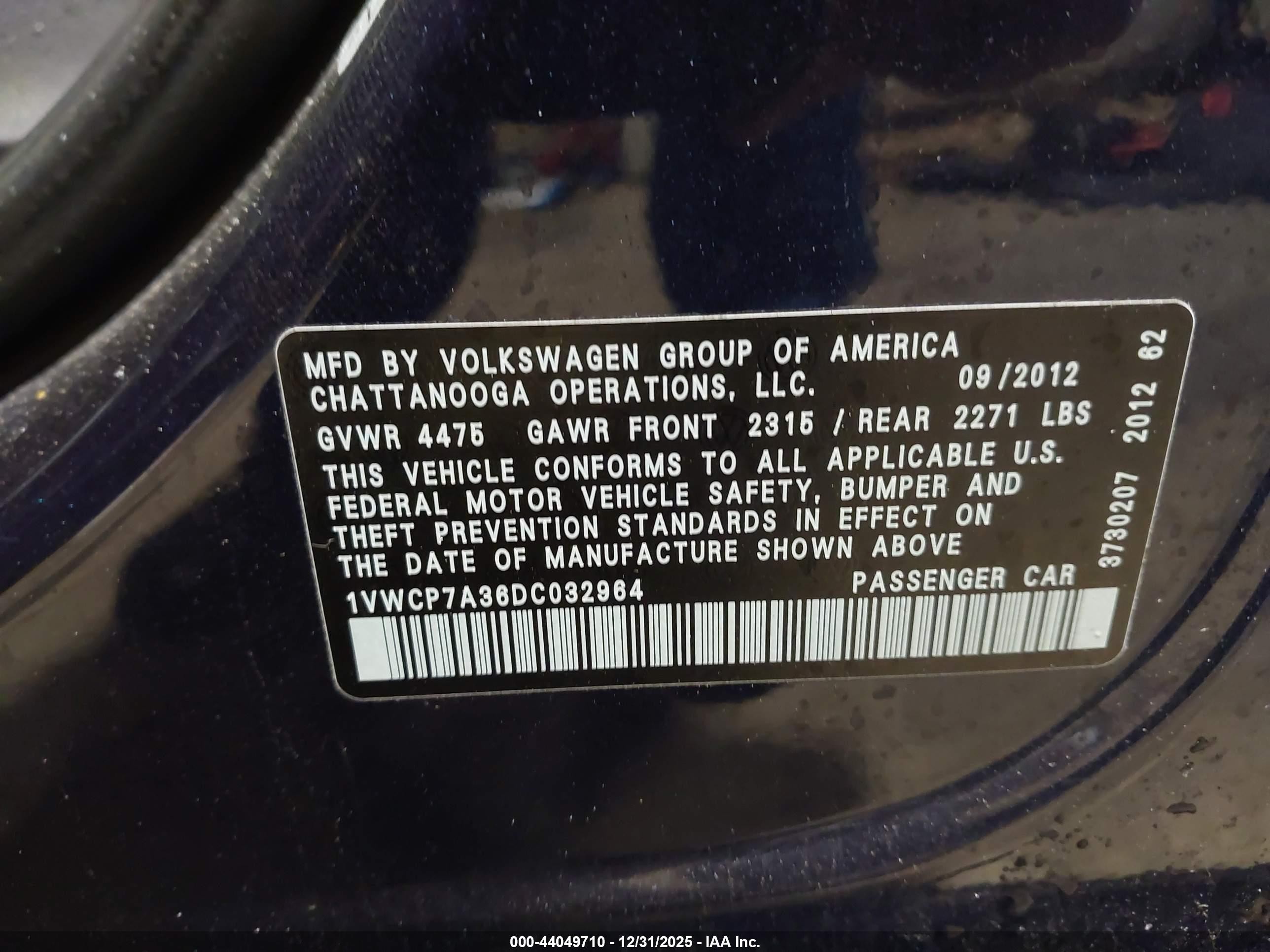 2013 Volkswagen Passat 2.5l Sel Premium Dark Blue vin: 1VWCP7A36DC032964