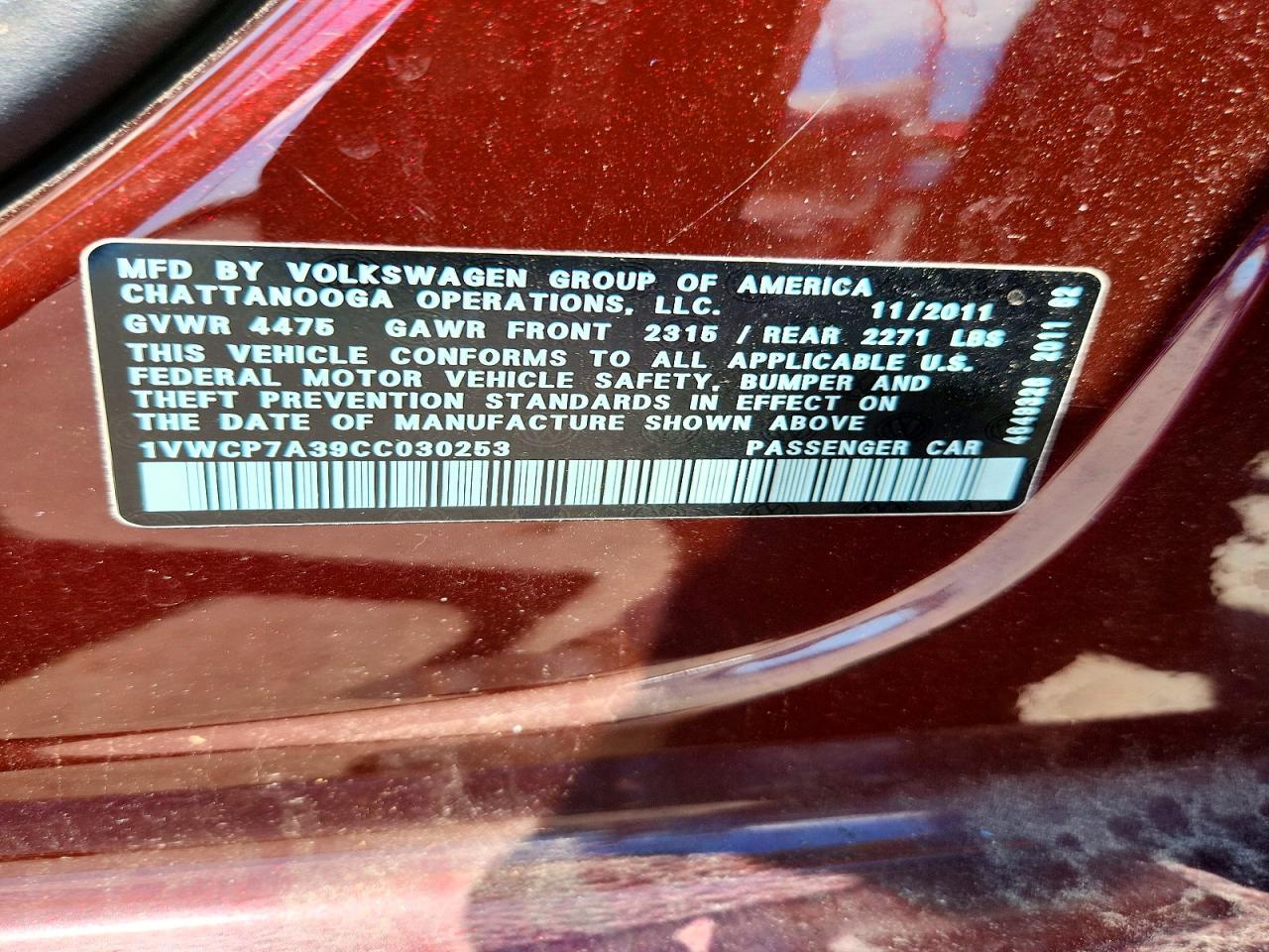 2012 Volkswagen Passat Sel Burgundy vin: 1VWCP7A39CC030253