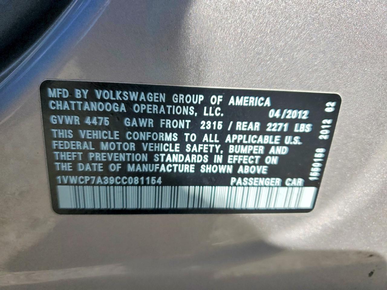 2012 Volkswagen Passat Sel Silver vin: 1VWCP7A39CC081154
