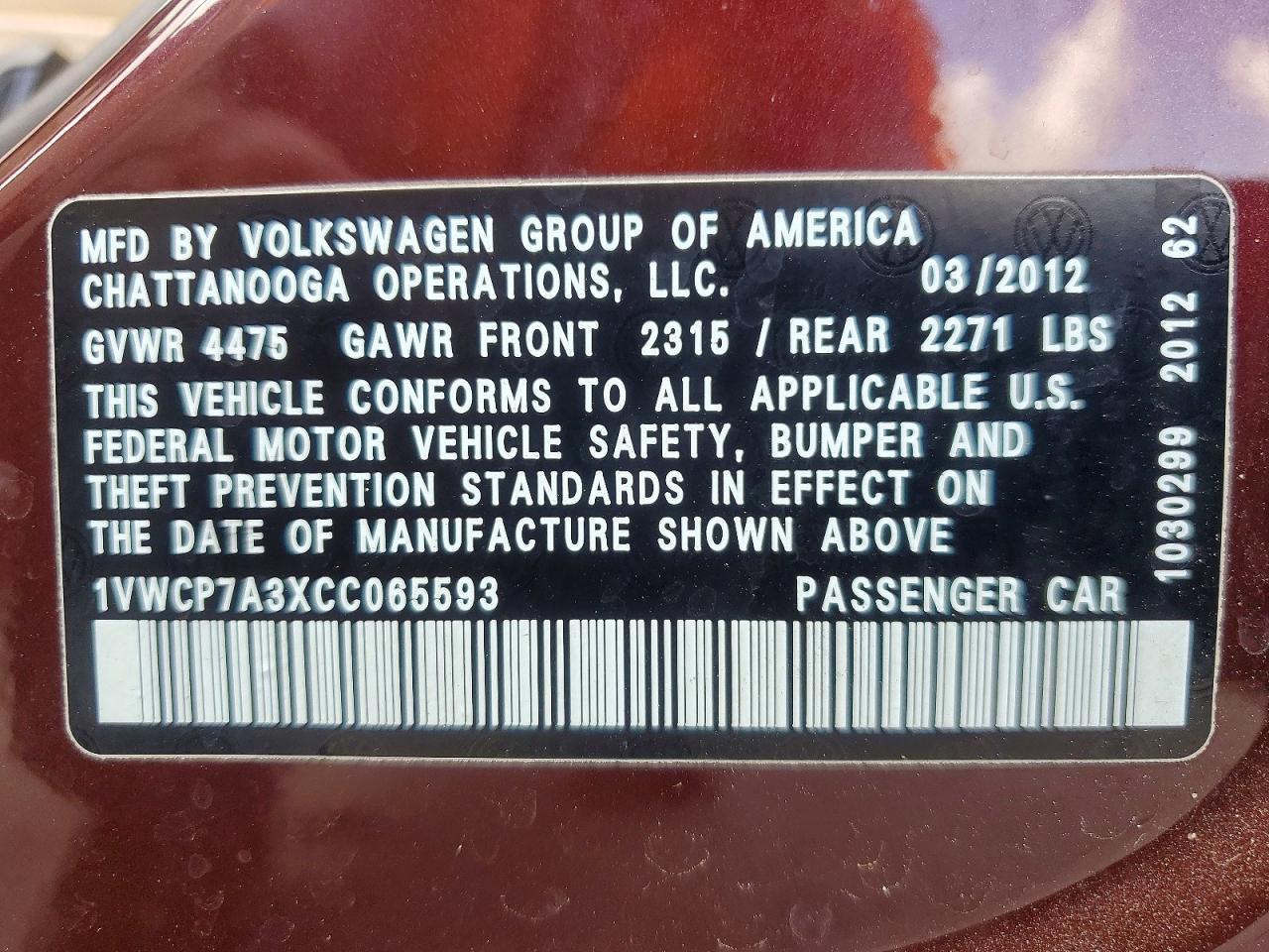 2012 Volkswagen Passat Sel Burgundy vin: 1VWCP7A3XCC065593