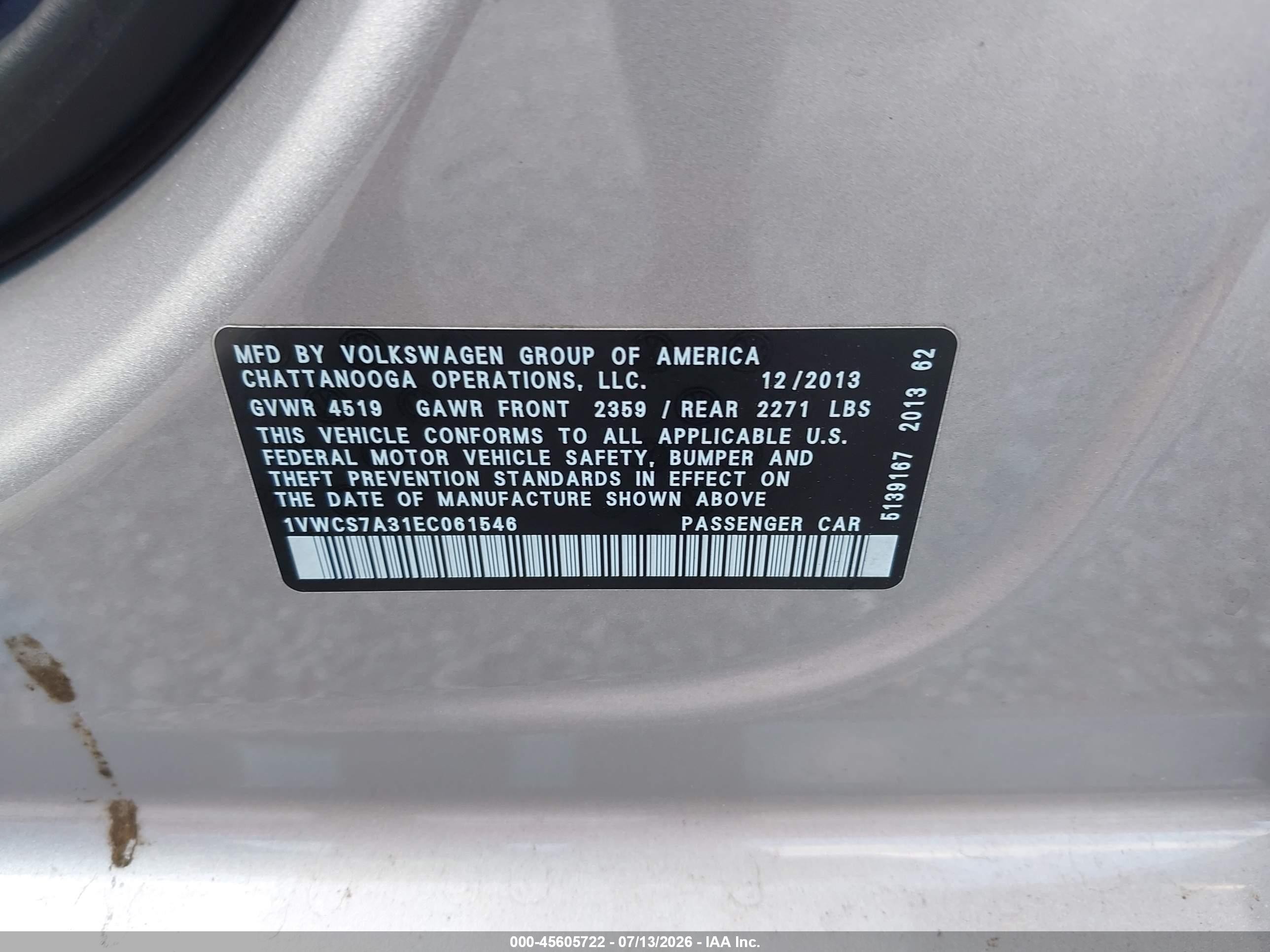 2014 Volkswagen Passat 1.8t Sel Premium Silver vin: 1VWCS7A31EC061546