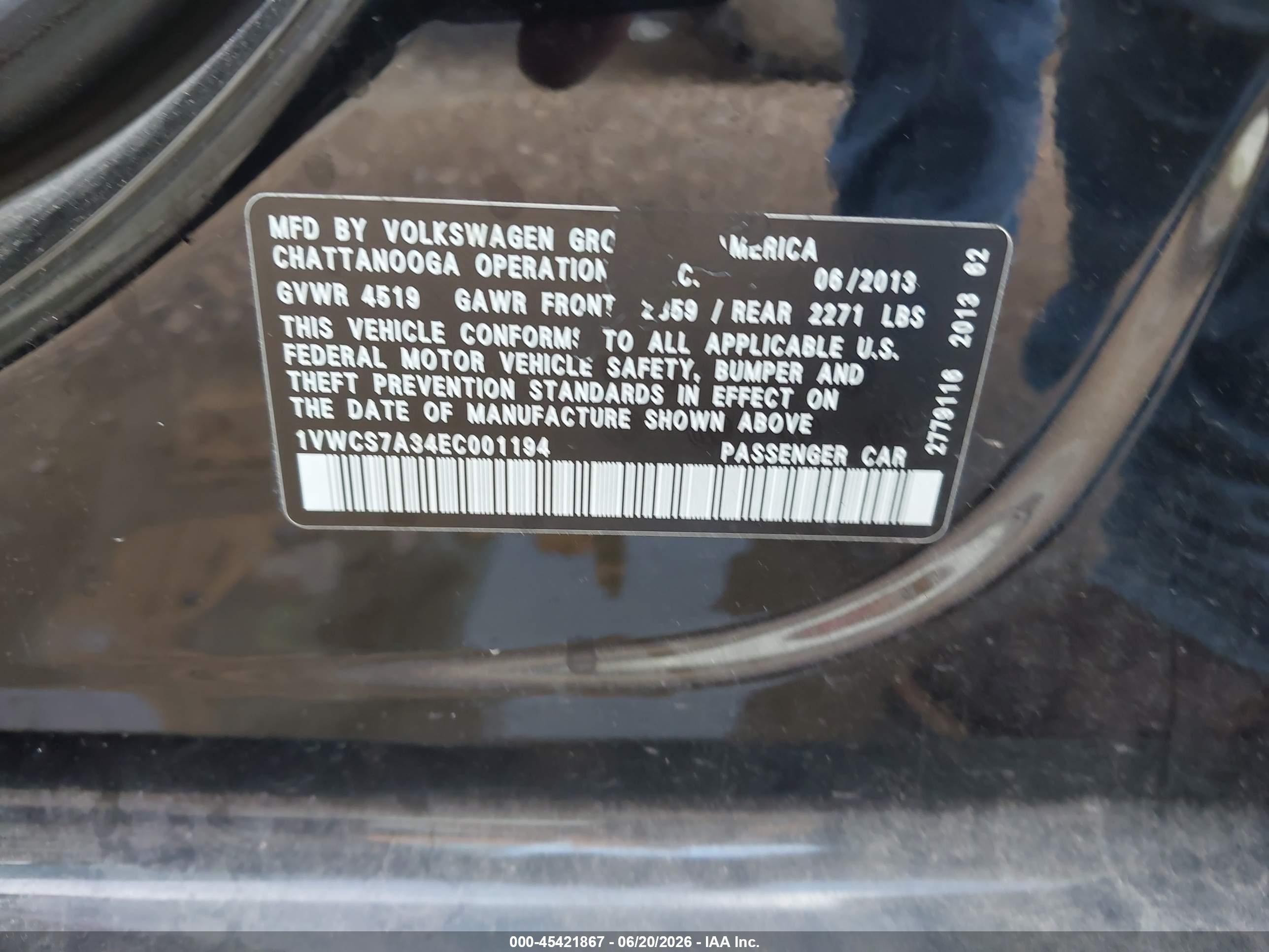 2014 Volkswagen Passat 1.8t Sel Premium Black vin: 1VWCS7A34EC001194