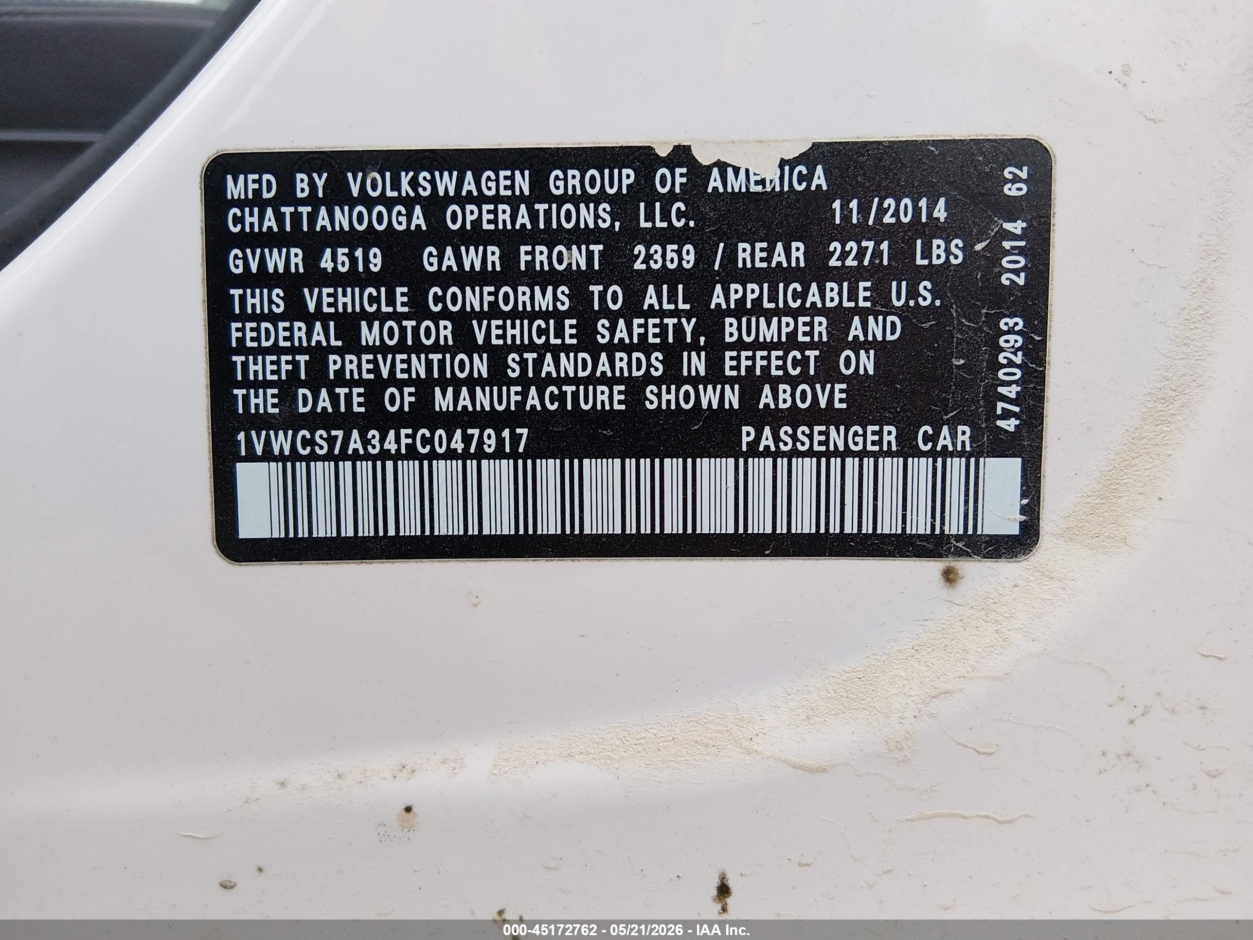2015 Volkswagen Passat 1.8t Sel Premium White vin: 1VWCS7A34FC047917
