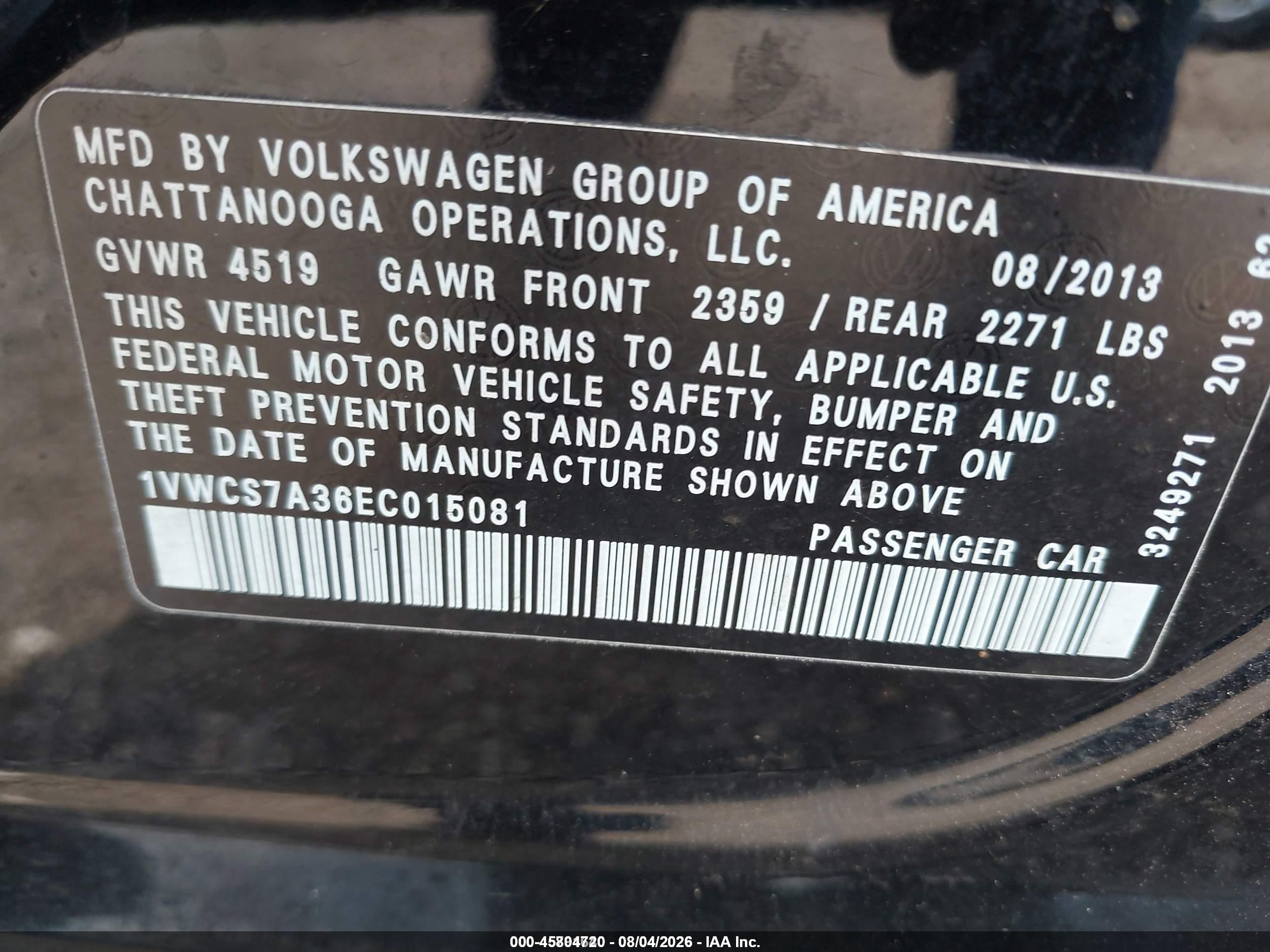 2014 Volkswagen Passat 1.8t Sel Premium Black vin: 1VWCS7A36EC015081