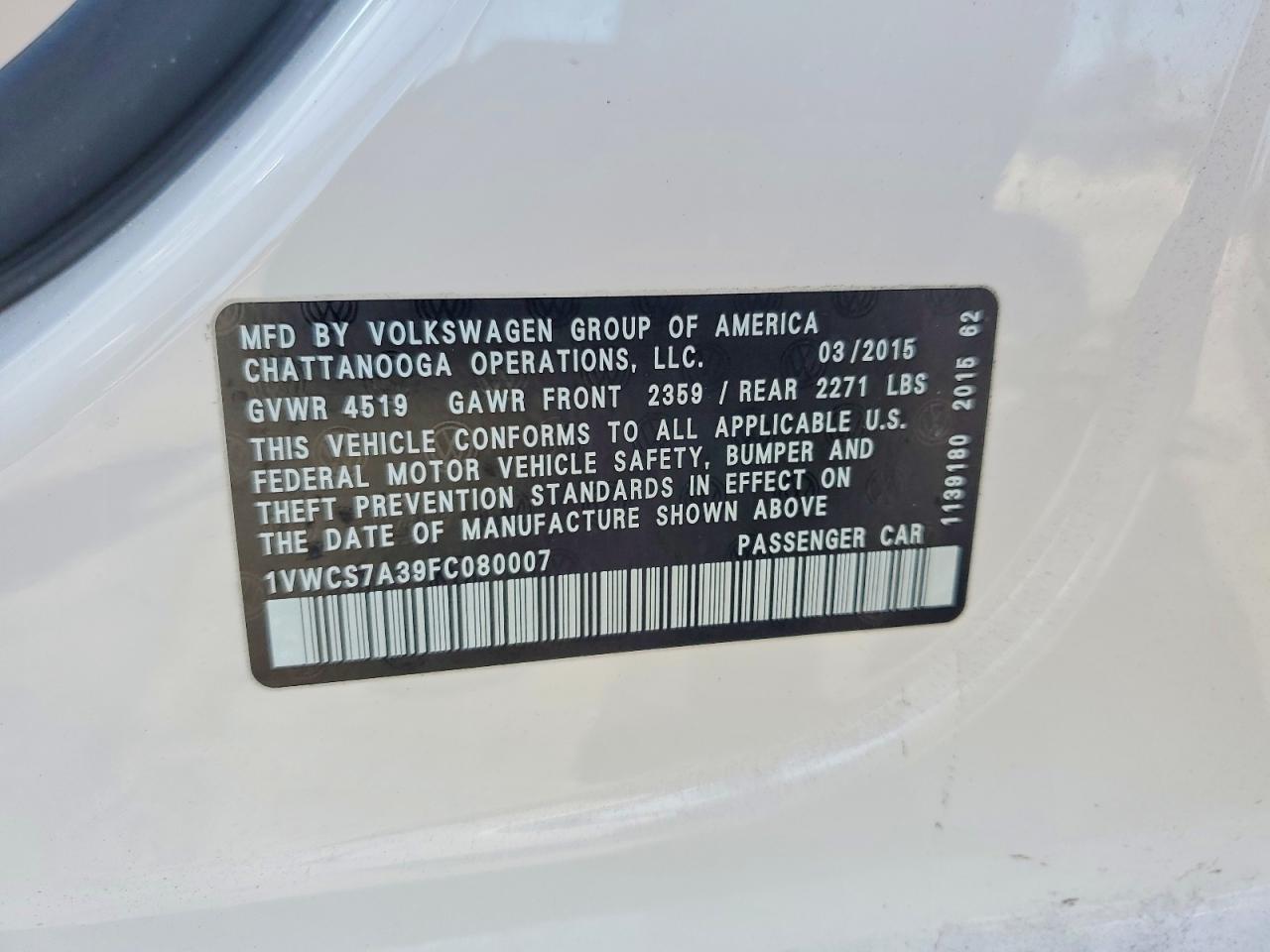 2015 Volkswagen Passat Sel White vin: 1VWCS7A39FC080007