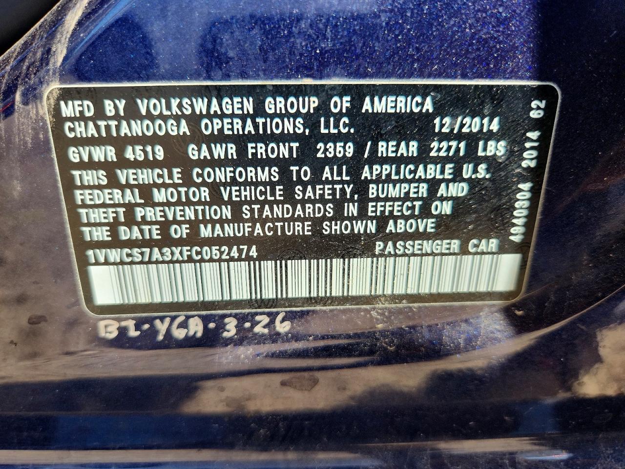 2015 Volkswagen Passat Sel Blue vin: 1VWCS7A3XFC052474