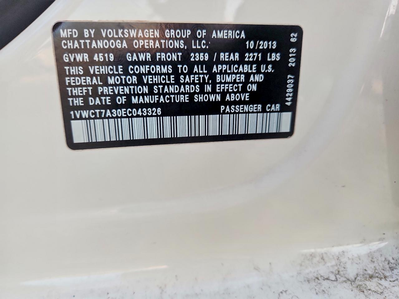 2014 Volkswagen Passat Sel White vin: 1VWCT7A30EC043326