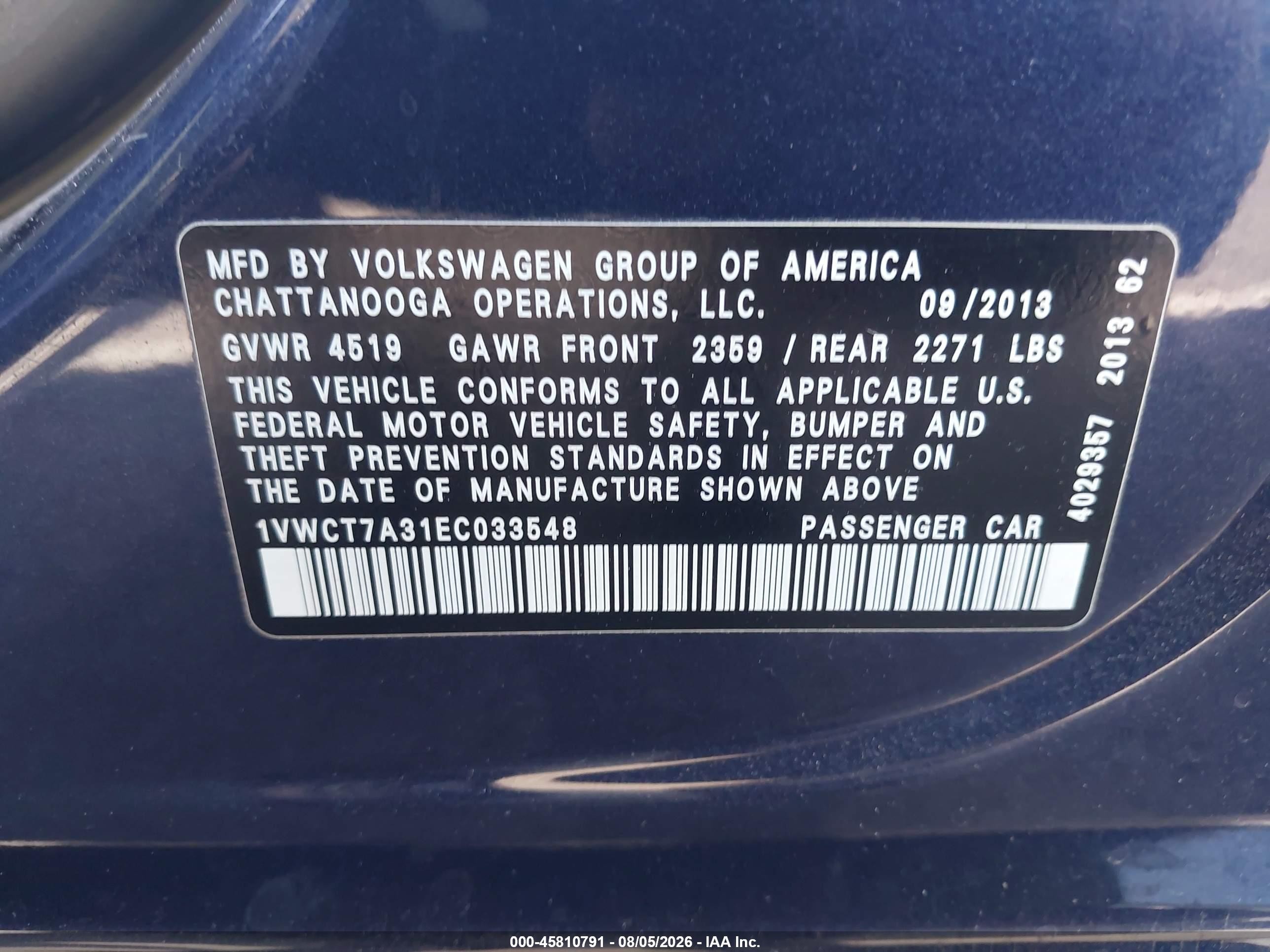 2014 Volkswagen Passat 1.8t Sel Premium Dark Blue vin: 1VWCT7A31EC033548