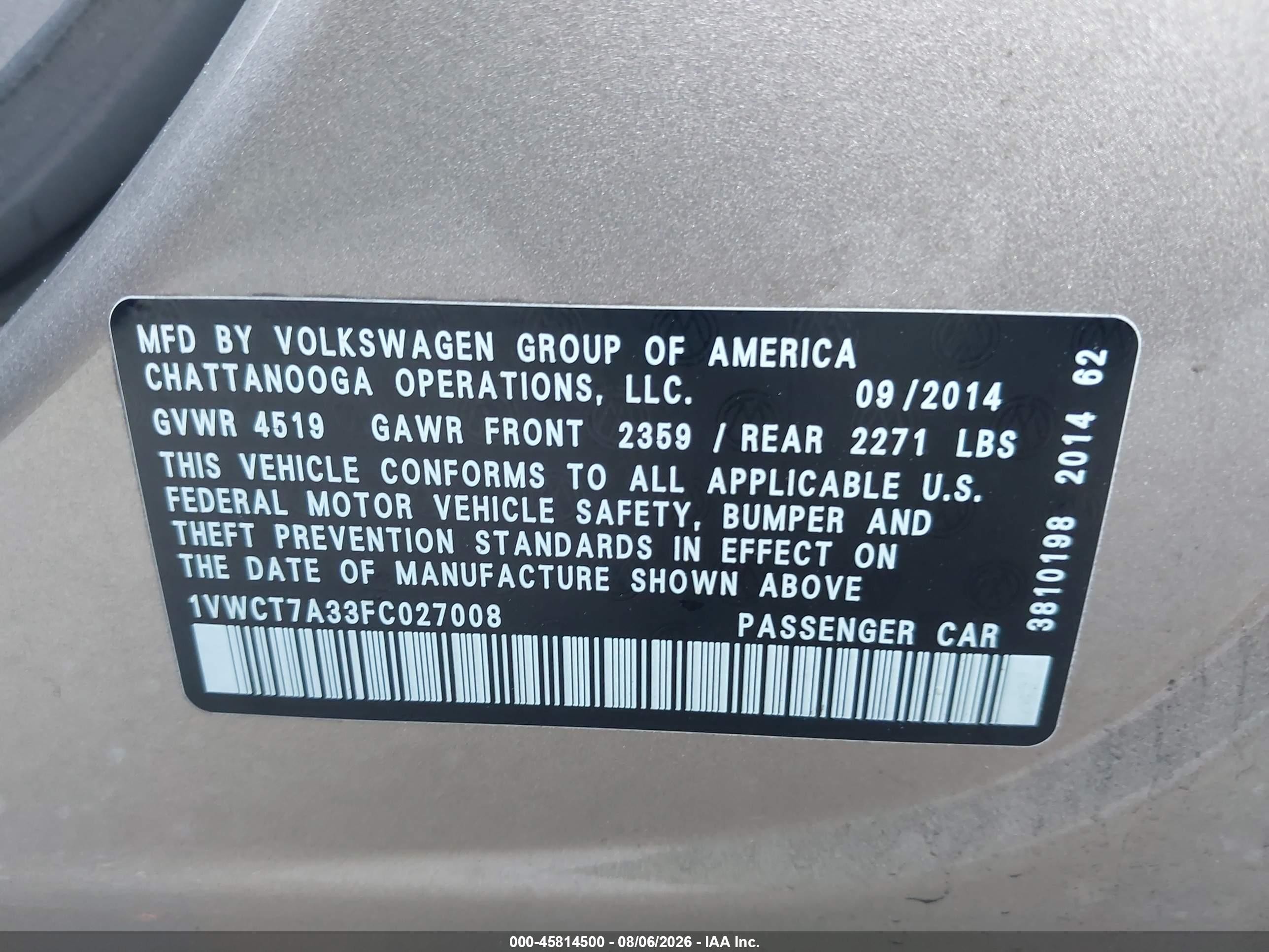 2015 Volkswagen Passat 1.8t Sel Premium Gold vin: 1VWCT7A33FC027008