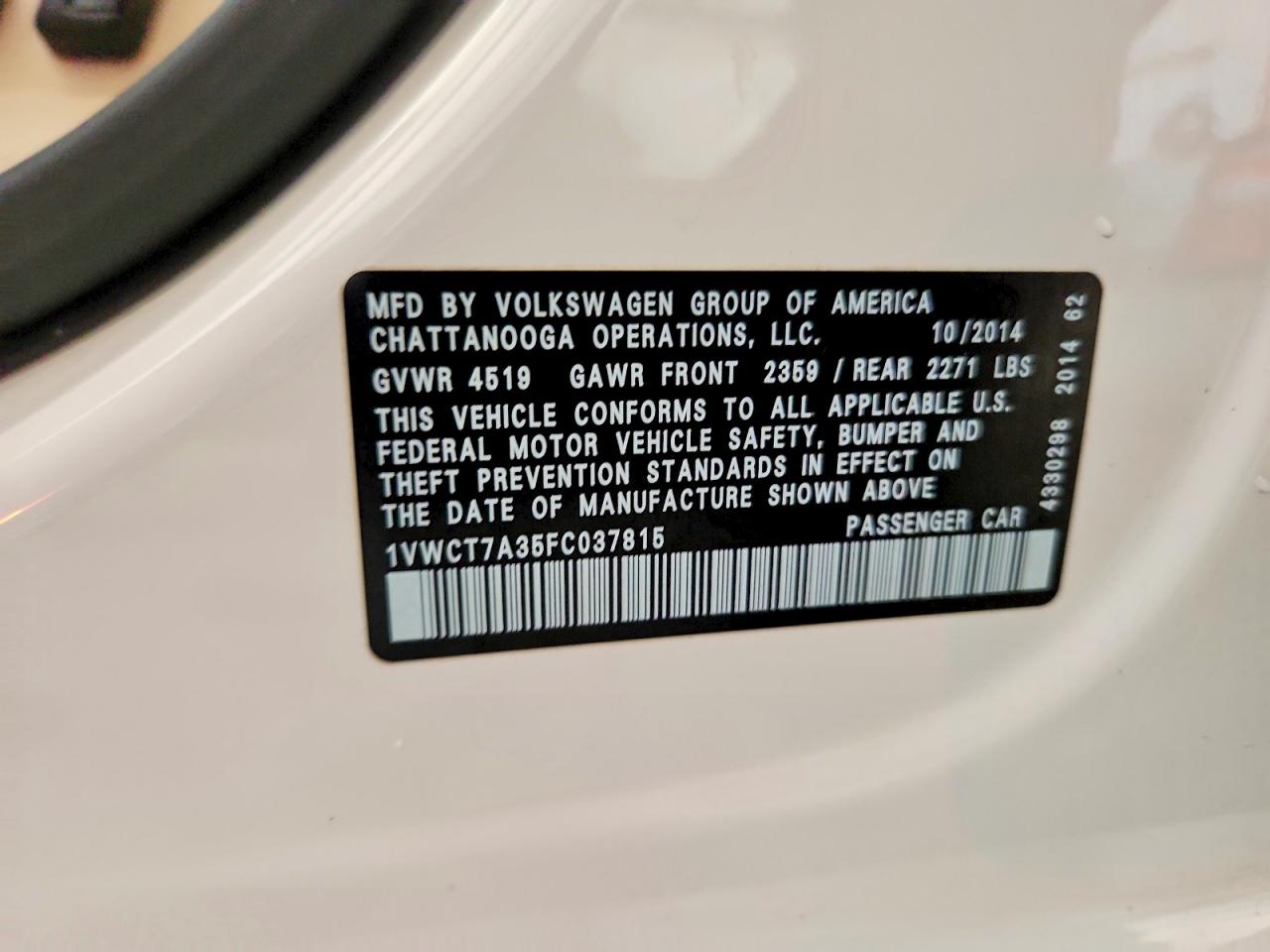2015 Volkswagen Passat Sel Белый vin: 1VWCT7A35FC037815