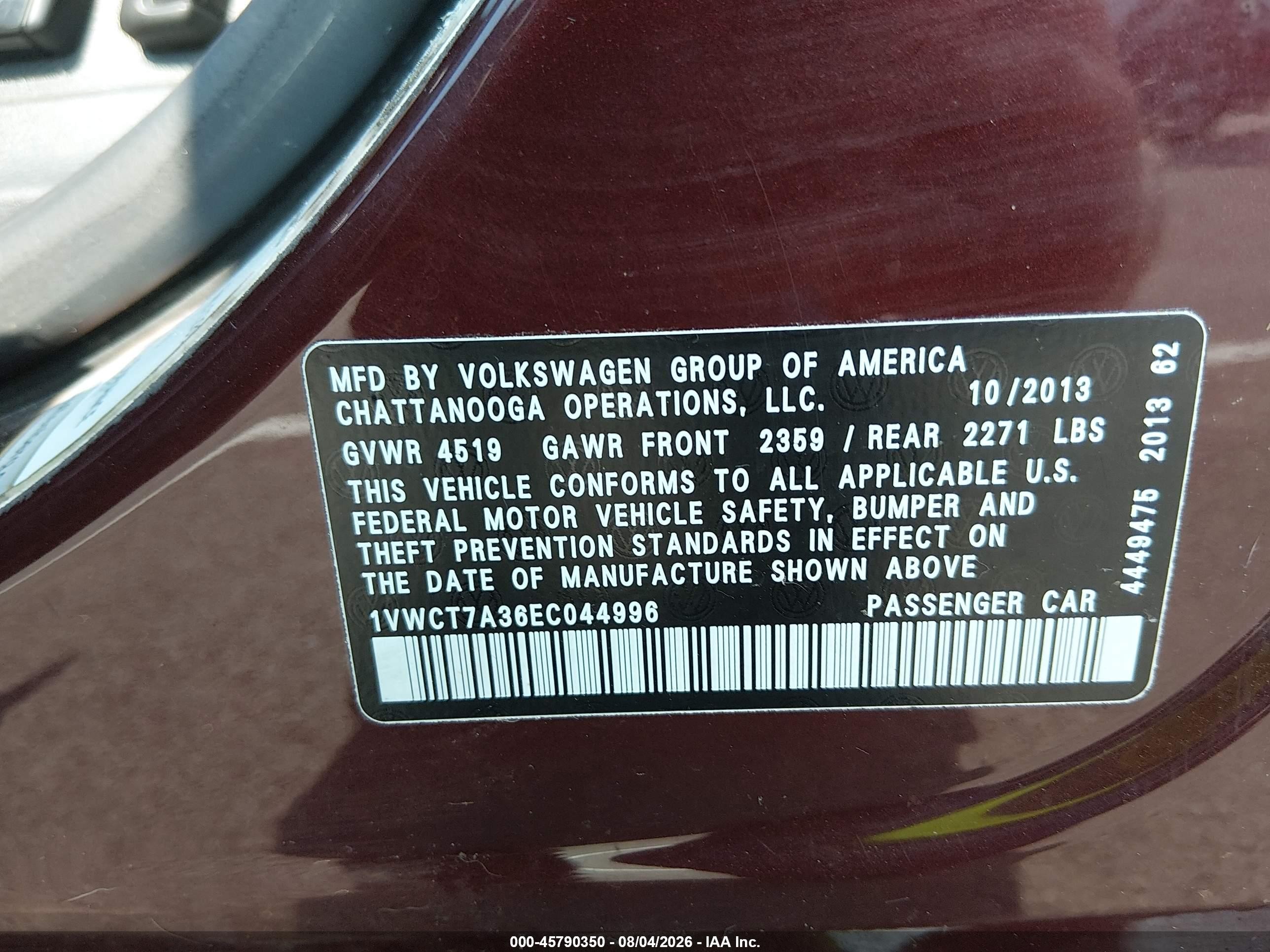 2014 Volkswagen Passat 1.8t Sel Premium Burgundy vin: 1VWCT7A36EC044996