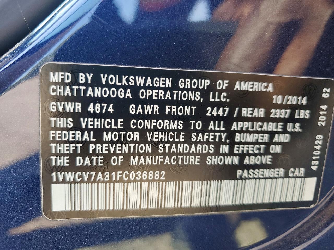 2015 Volkswagen Passat Blue vin: 1VWCV7A31FC036882