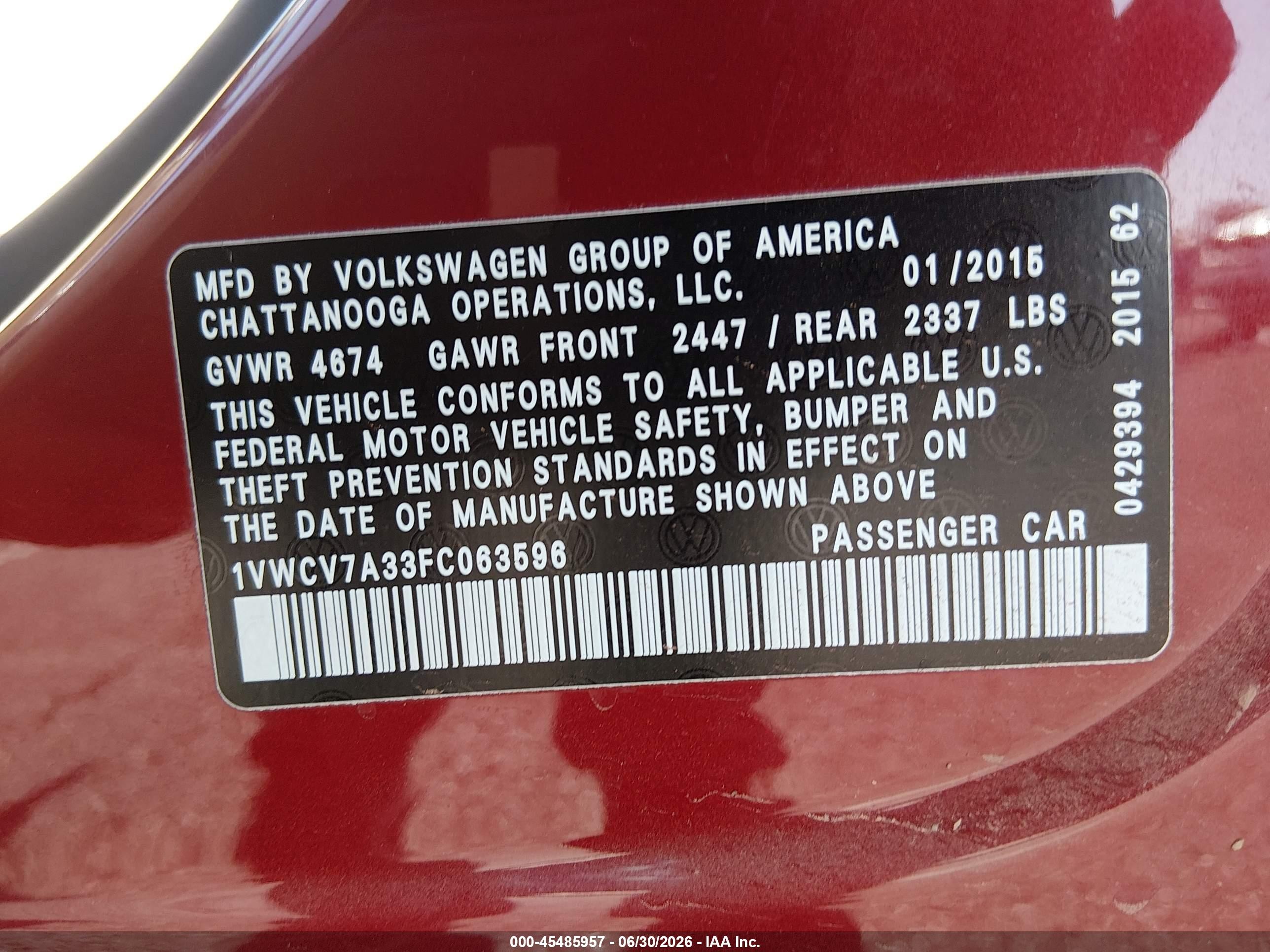 2015 Volkswagen Passat 2.0l Tdi Sel Premium Red vin: 1VWCV7A33FC063596