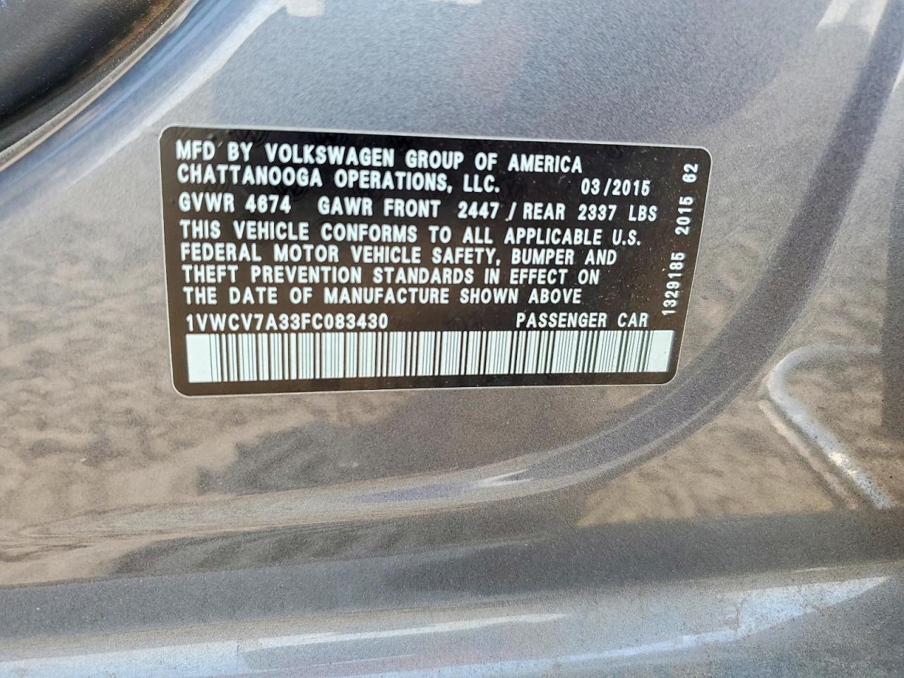 2015 Volkswagen Passat Sel Charcoal vin: 1VWCV7A33FC083430