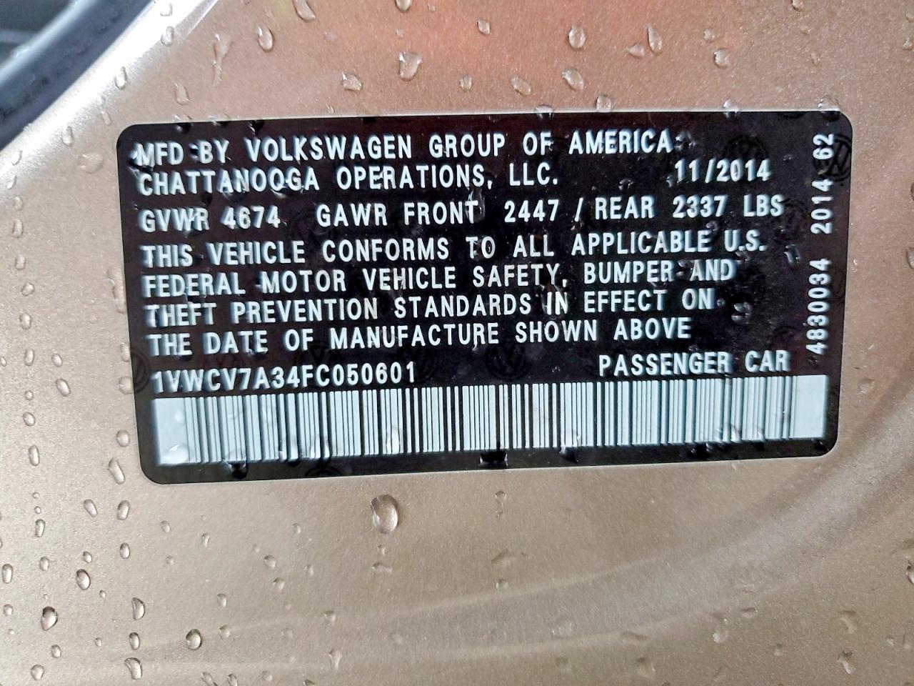 2015 Volkswagen Passat Sel Gold vin: 1VWCV7A34FC050601