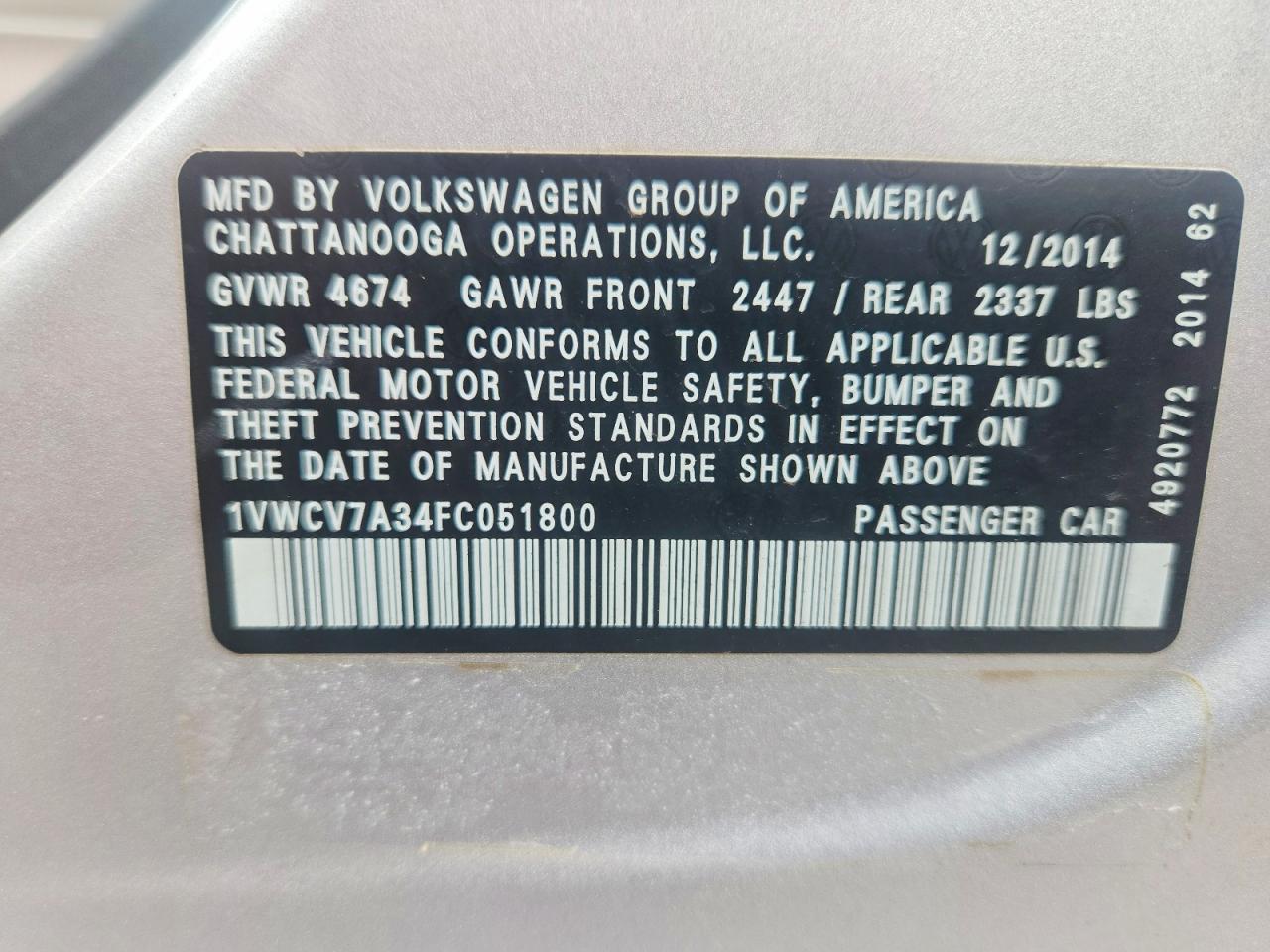 2015 Volkswagen Passat Sel Silver vin: 1VWCV7A34FC051800