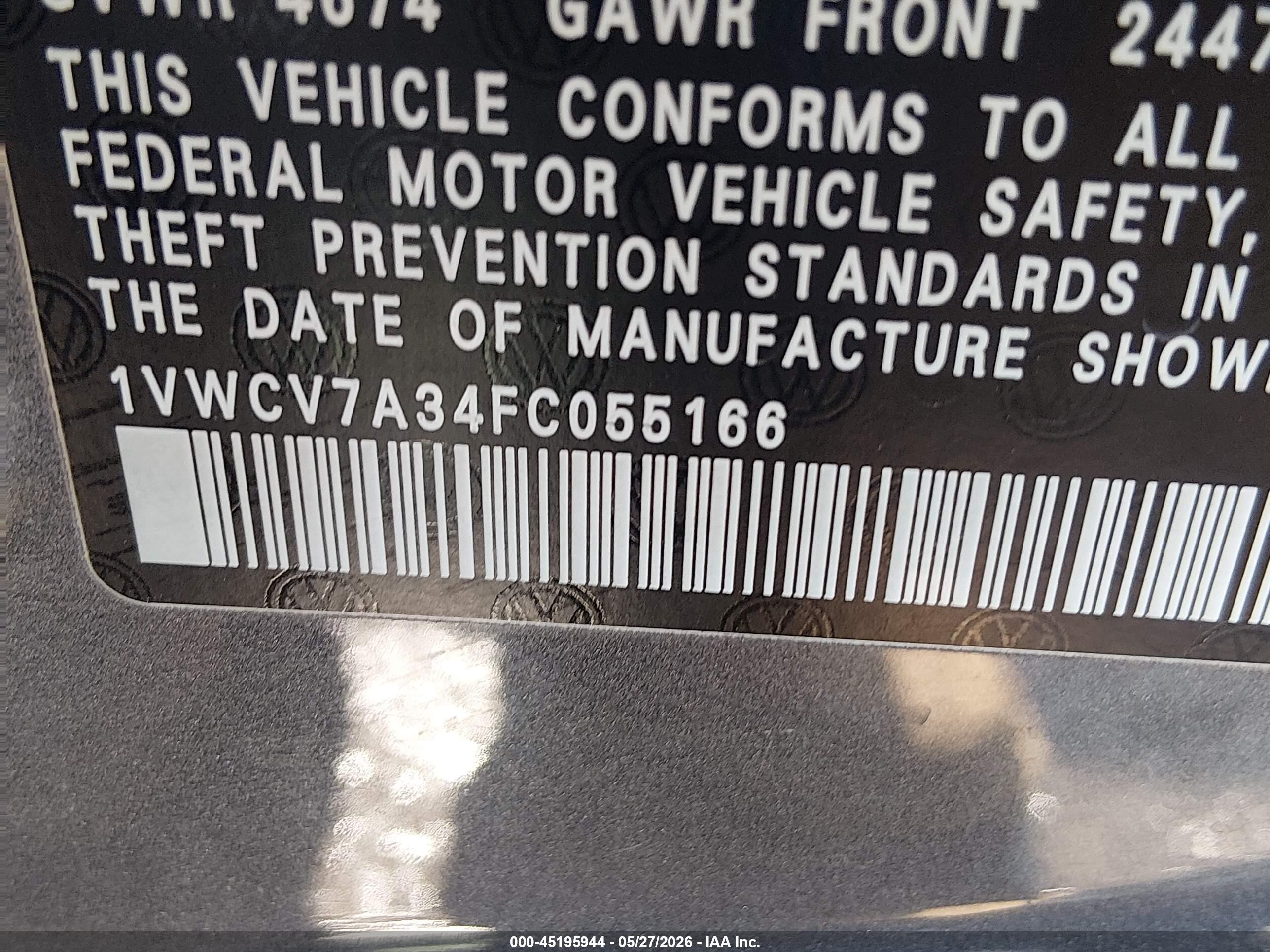 2015 Volkswagen Passat 2.0l Tdi Sel Premium Gray vin: 1VWCV7A34FC055166