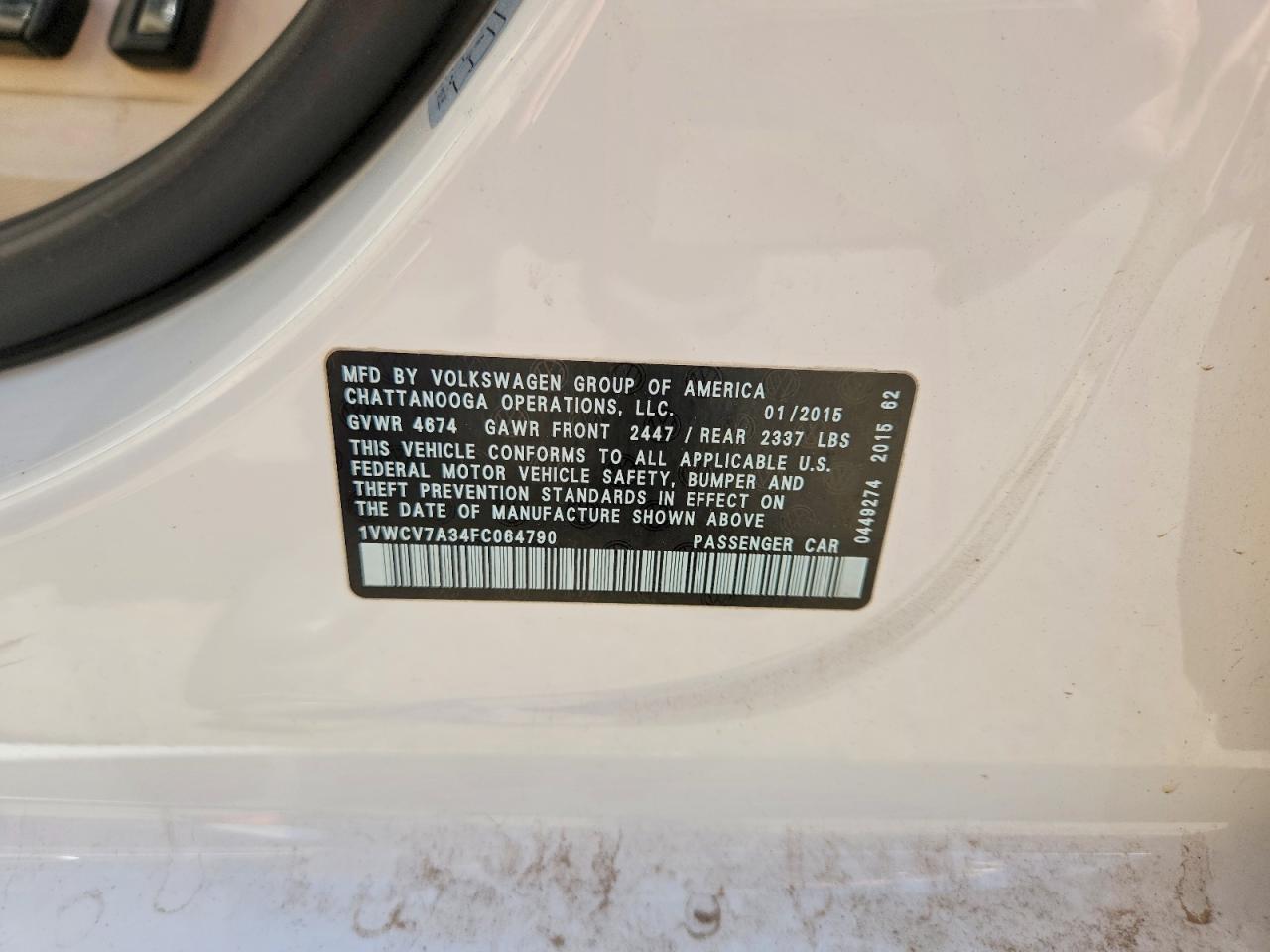 2015 Volkswagen Passat Sel White vin: 1VWCV7A34FC064790