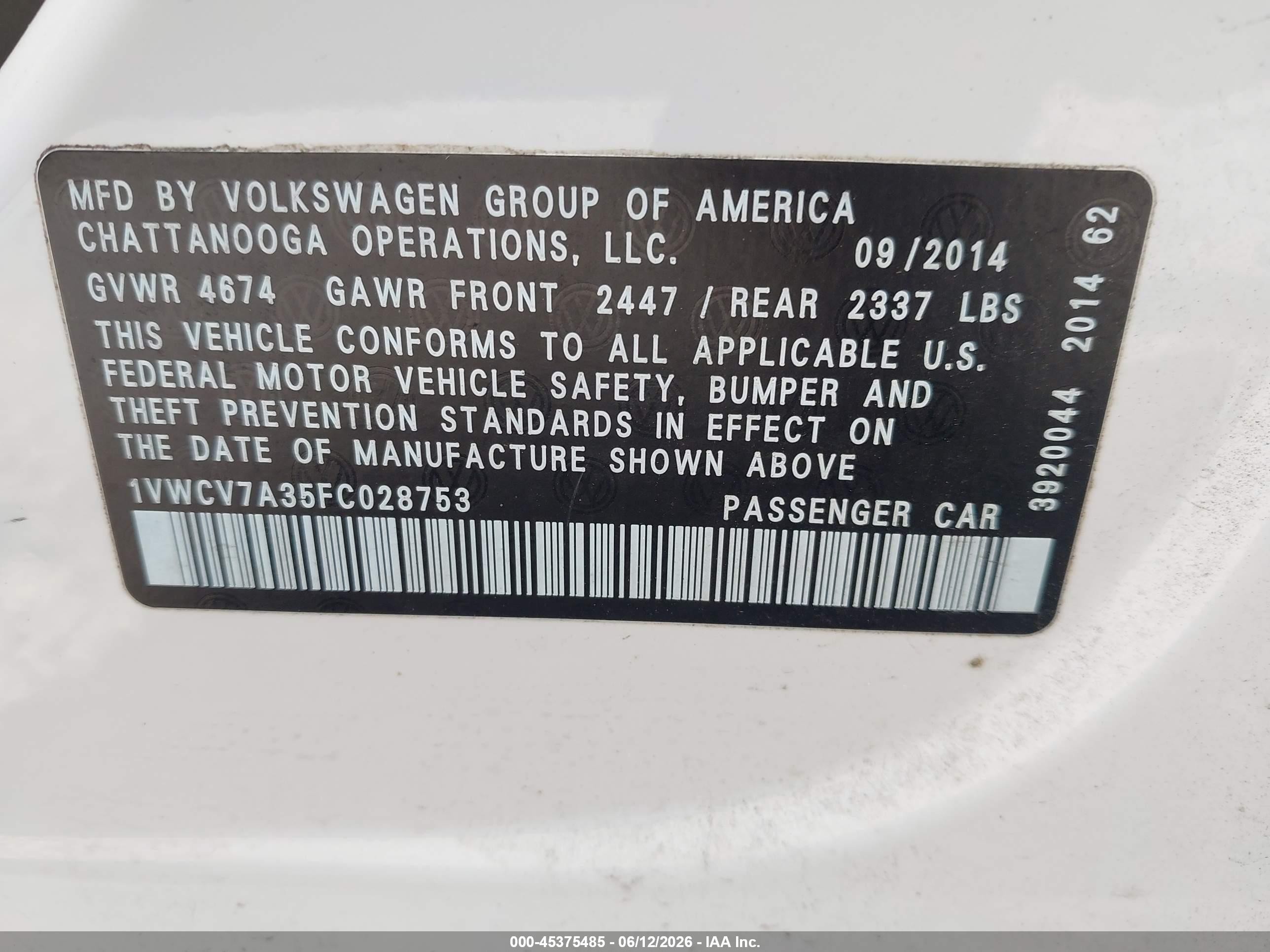 2015 Volkswagen Passat 2.0l Tdi Sel Premium White vin: 1VWCV7A35FC028753