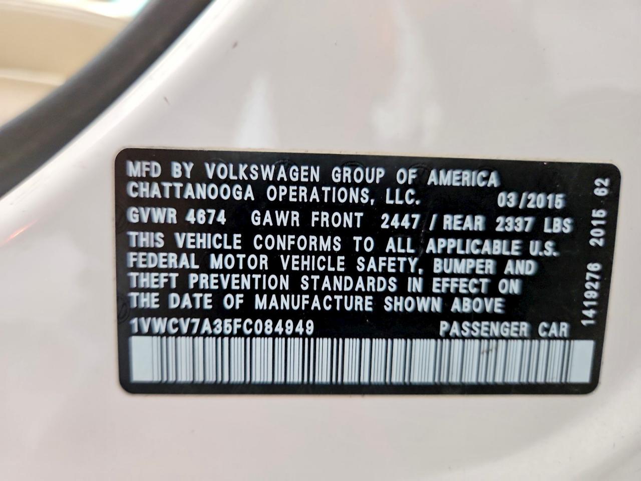 2015 Volkswagen Passat Sel White vin: 1VWCV7A35FC084949
