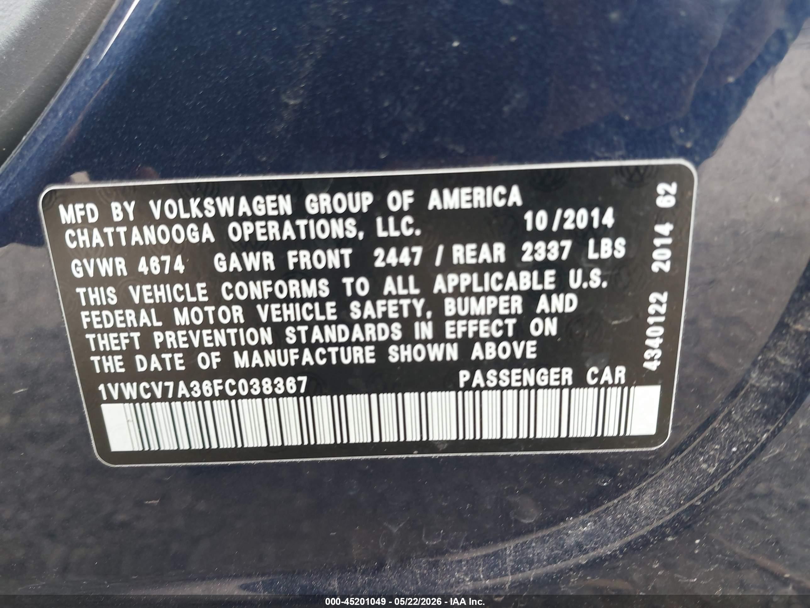 2015 Volkswagen Passat 2.0l Tdi Sel Premium Dark Blue vin: 1VWCV7A36FC038367