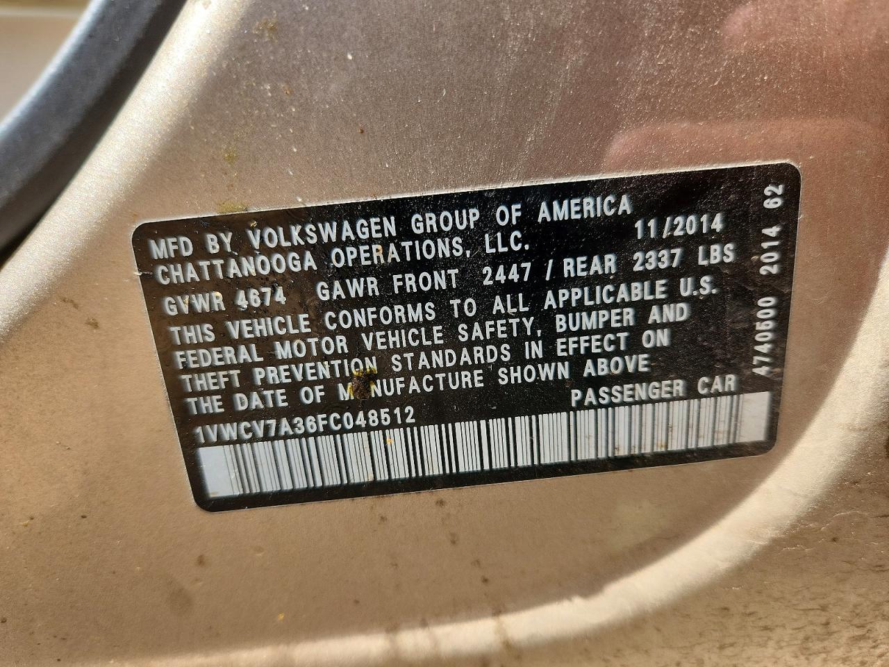 2015 Volkswagen Passat Sel Tan vin: 1VWCV7A36FC048512