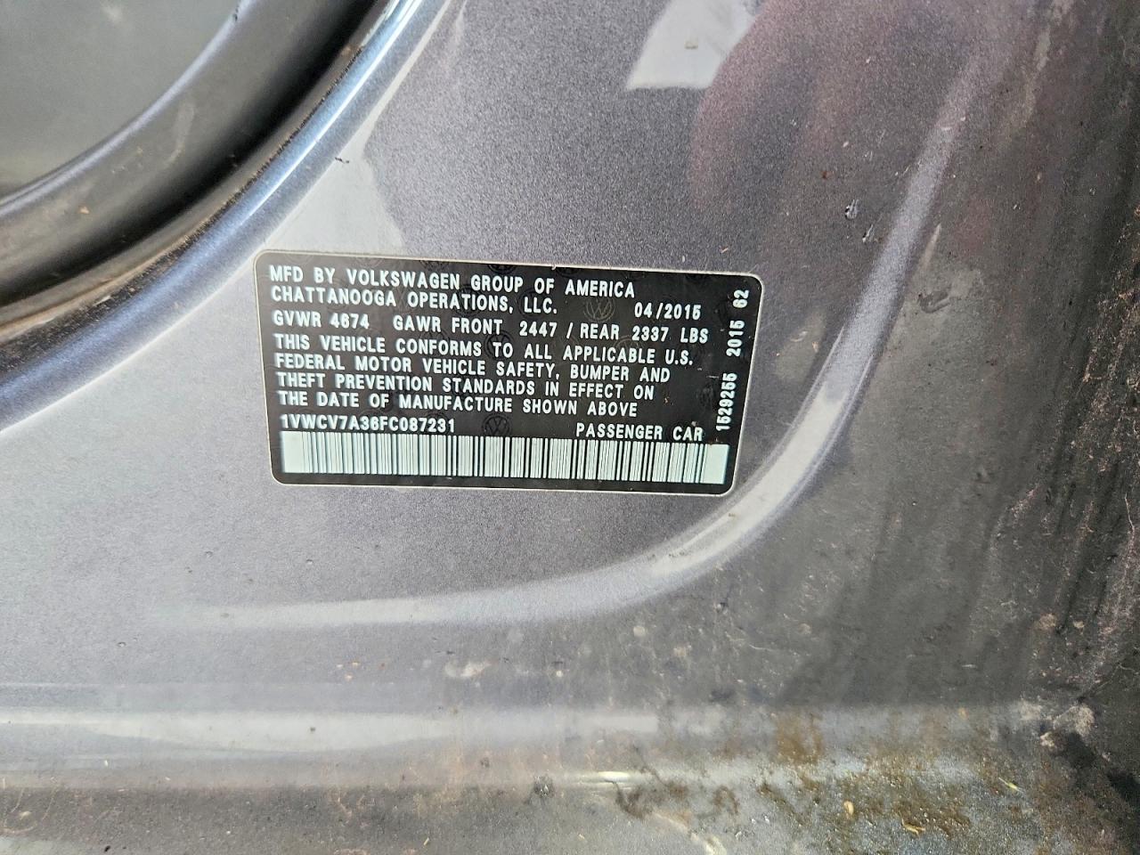 2015 Volkswagen Passat Sel Gray vin: 1VWCV7A36FC087231