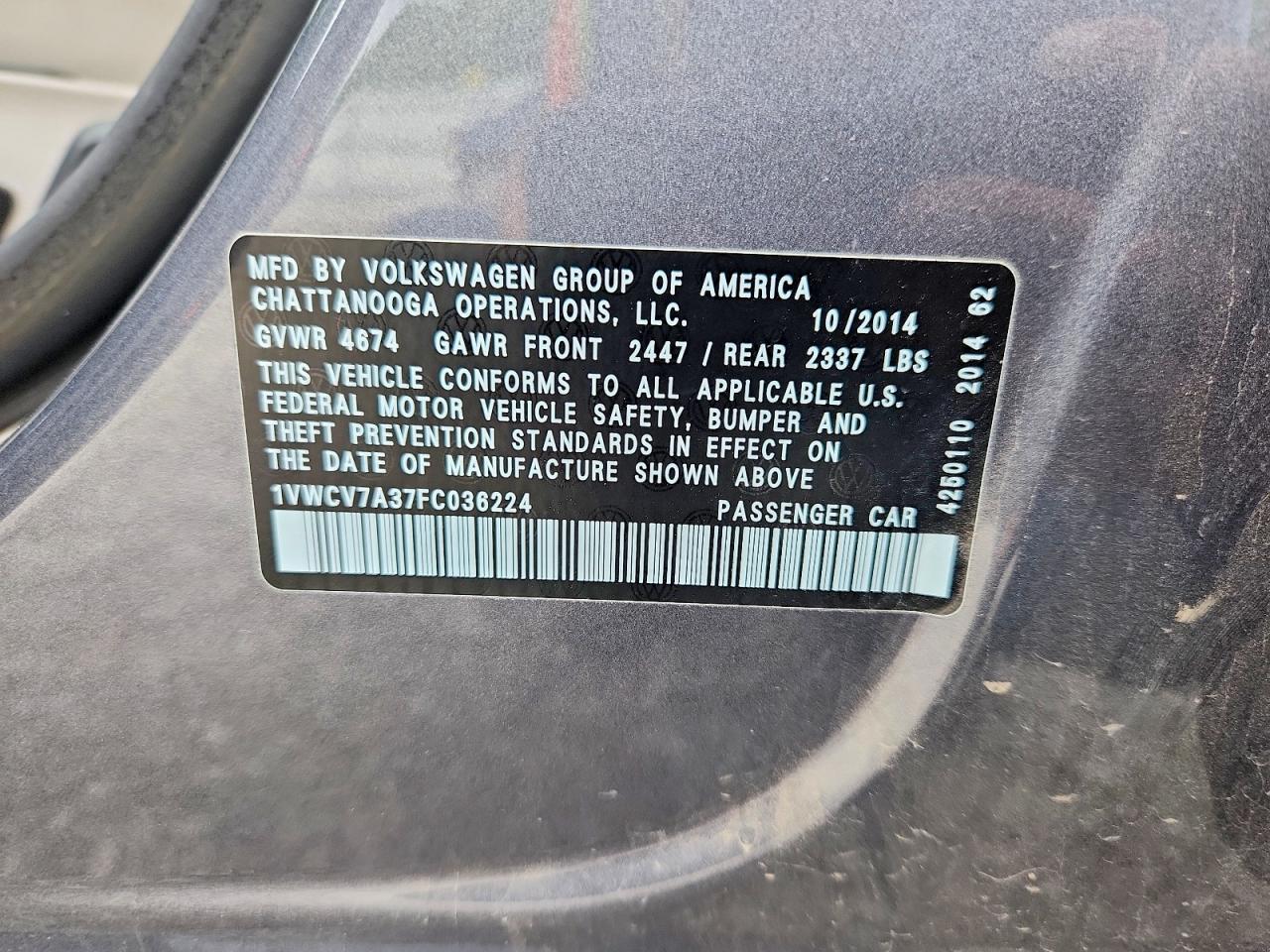 2015 Volkswagen Passat Sel Gray vin: 1VWCV7A37FC036224
