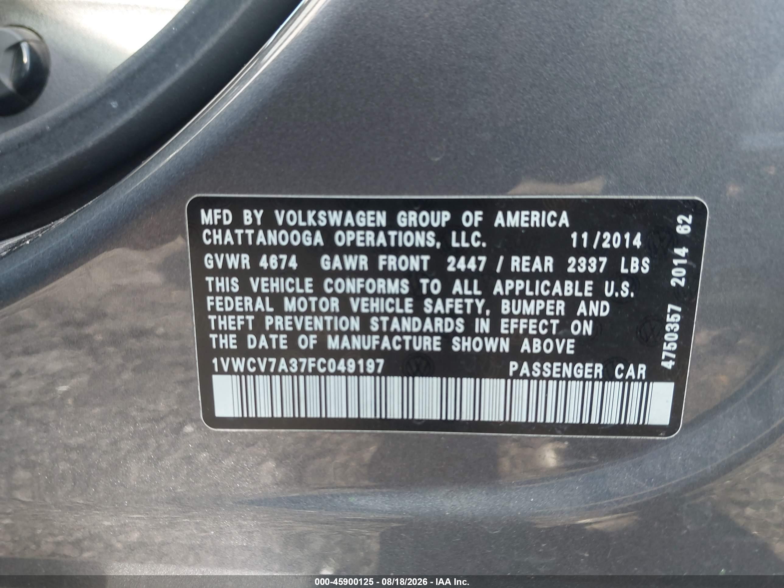 2015 Volkswagen Passat 2.0l Tdi Sel Premium Gray vin: 1VWCV7A37FC049197